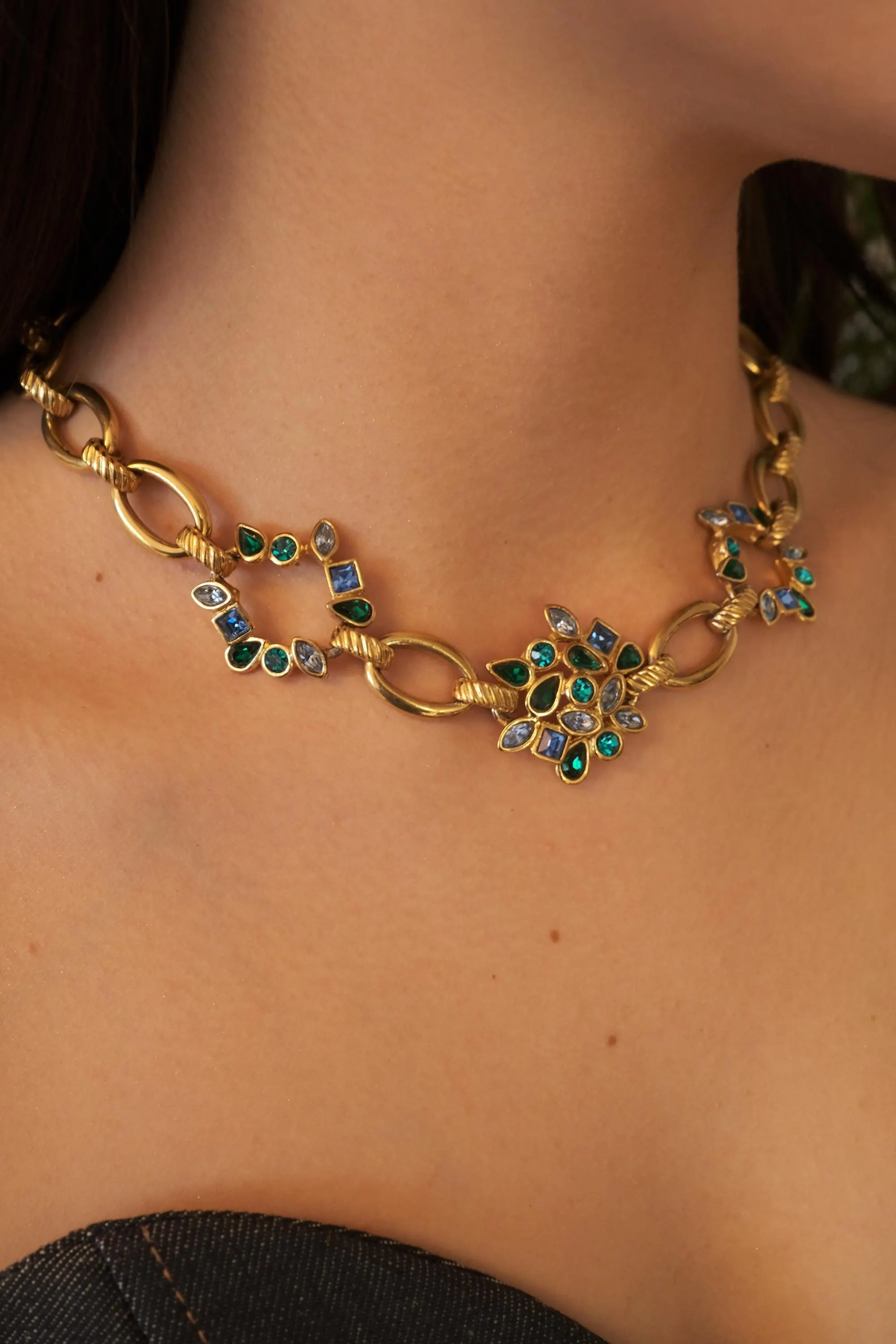 Vintage YSL Yves Saint Laurent Necklace, Floral Necklace, Gold Tone Necklace, Link Charm Necklace, Vintage Rhinestone, Jewelry for Women