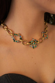 Vintage YSL Yves Saint Laurent Necklace, Floral Necklace, Gold Tone Necklace, Link Charm Necklace, Vintage Rhinestone, Jewelry for Women