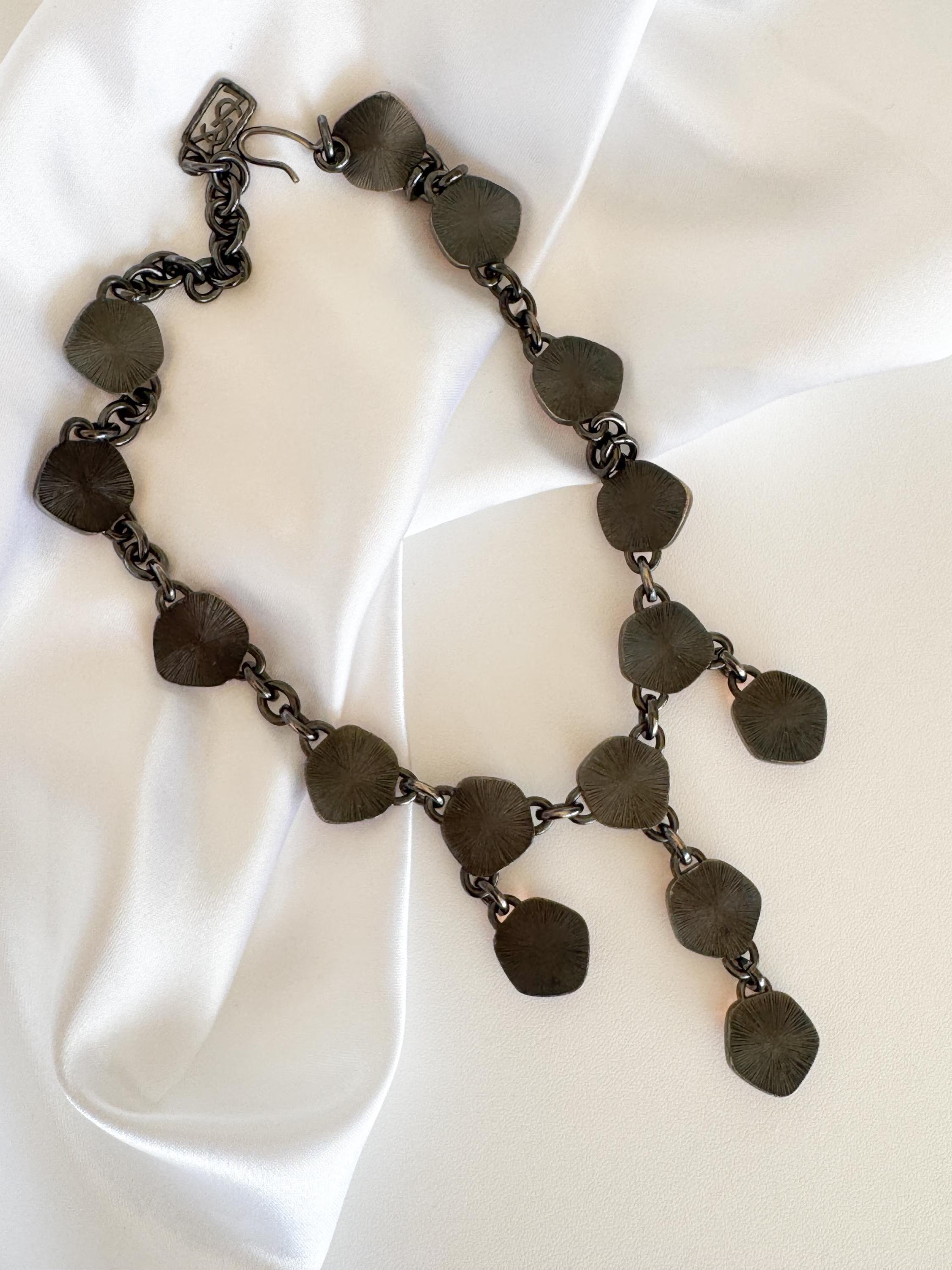 Vintage YSL Necklace, Hammered Bronze Cabochons, 16.5 Inch YSL Yves Saint Laurent Vintage Necklace Sculptural triple-drop design cabochons