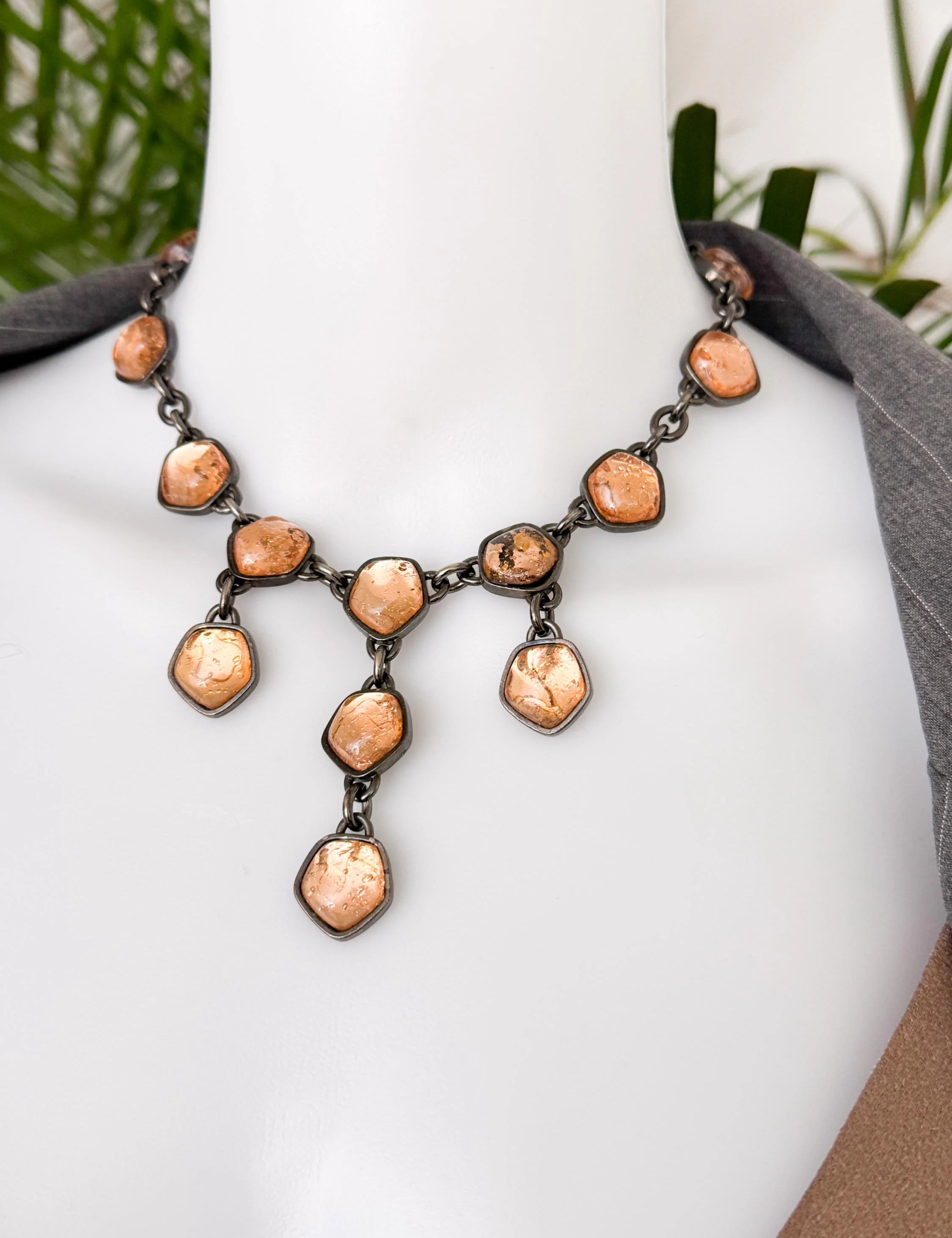 Vintage YSL Necklace, Hammered Bronze Cabochons, 16.5 Inch YSL Yves Saint Laurent Vintage Necklace Sculptural triple-drop design cabochons