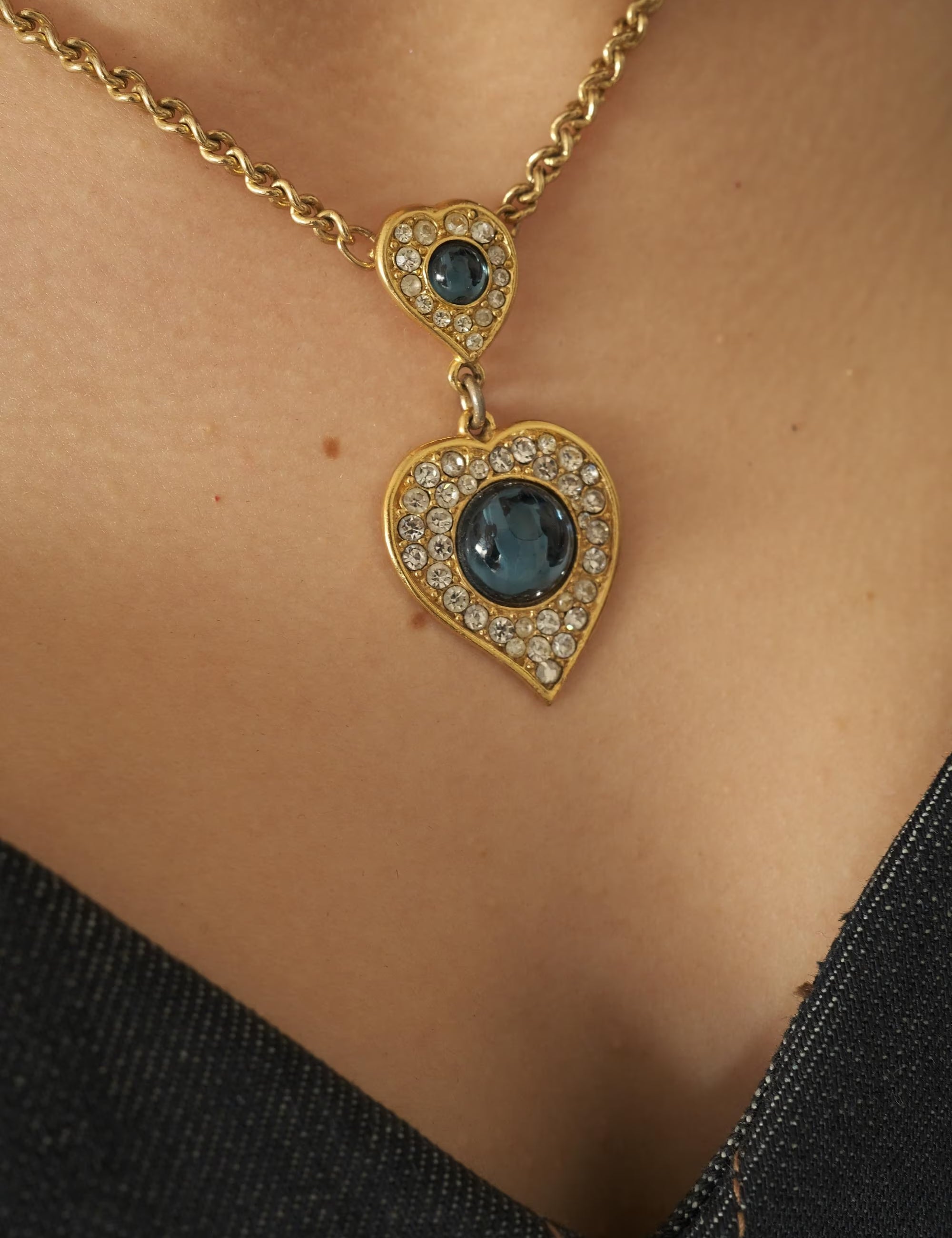 Yves Saint Laurent Necklace bridesmaid Vintage YSL necklace blue Sapphire heart, Women Charm Necklace, Bridal Jewelry, Wedding Jewelry