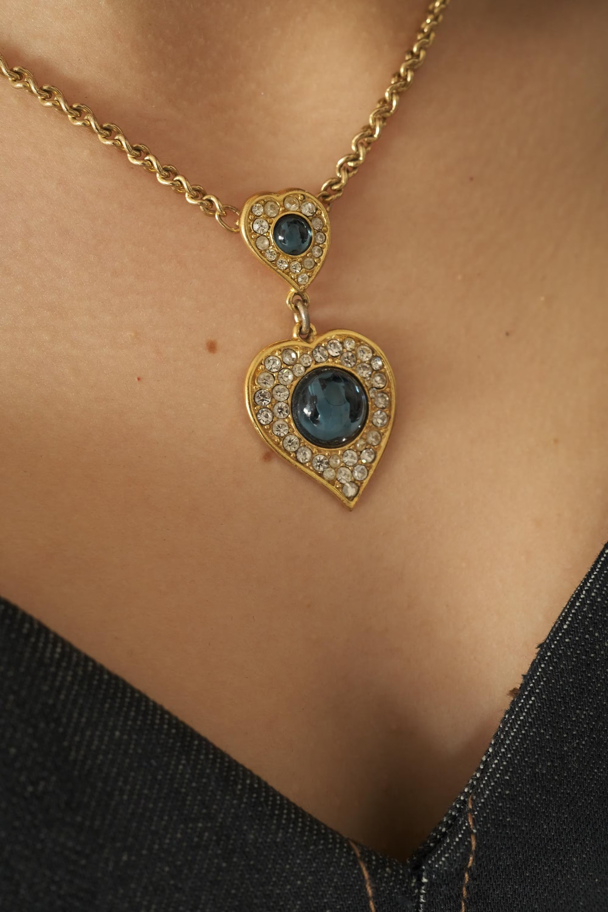 Yves Saint Laurent Necklace bridesmaid Vintage YSL necklace blue Sapphire heart, Women Charm Necklace, Bridal Jewelry, Wedding Jewelry