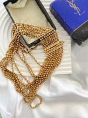 Yves Saint Laurent Vintage Gold Beaded Multi-Strand Choker Necklace – YSL Statement Collar with Signature Bar Clasp – 1980s Designer Jewelry
