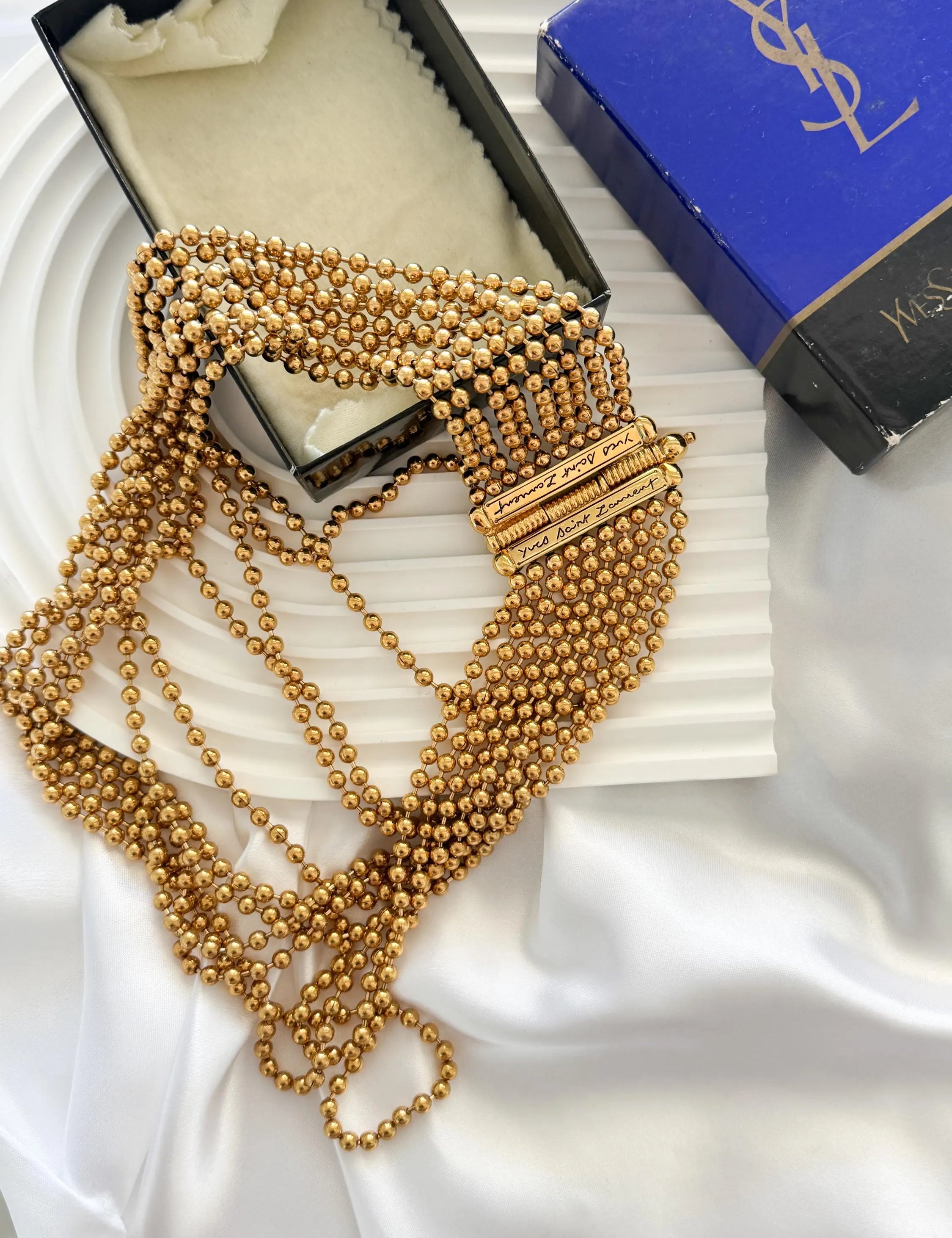 Yves Saint Laurent Vintage Gold Beaded Multi-Strand Choker Necklace – YSL Statement Collar with Signature Bar Clasp – 1980s Designer Jewelry