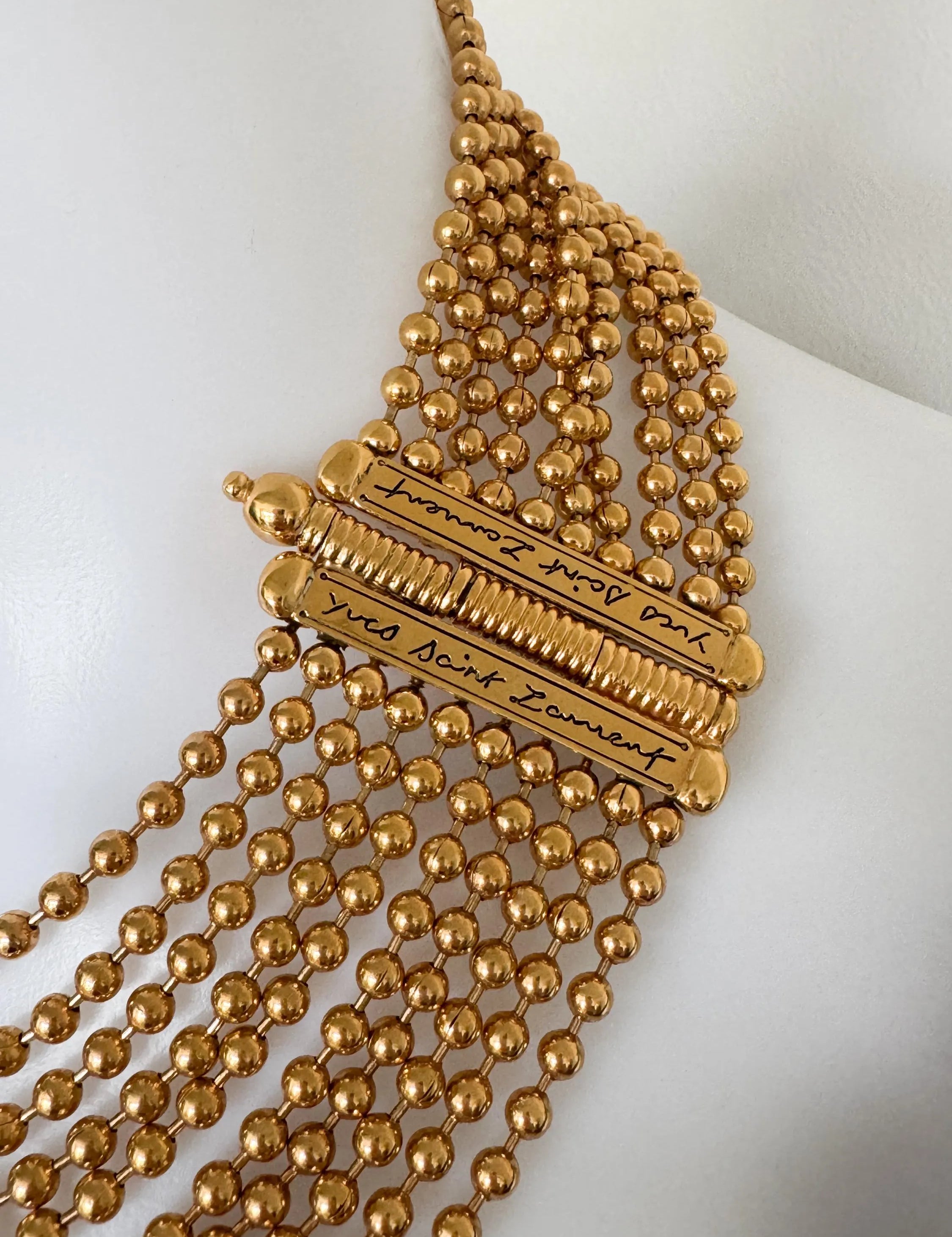 Yves Saint Laurent Vintage Gold Beaded Multi-Strand Choker Necklace – YSL Statement Collar with Signature Bar Clasp – 1980s Designer Jewelry