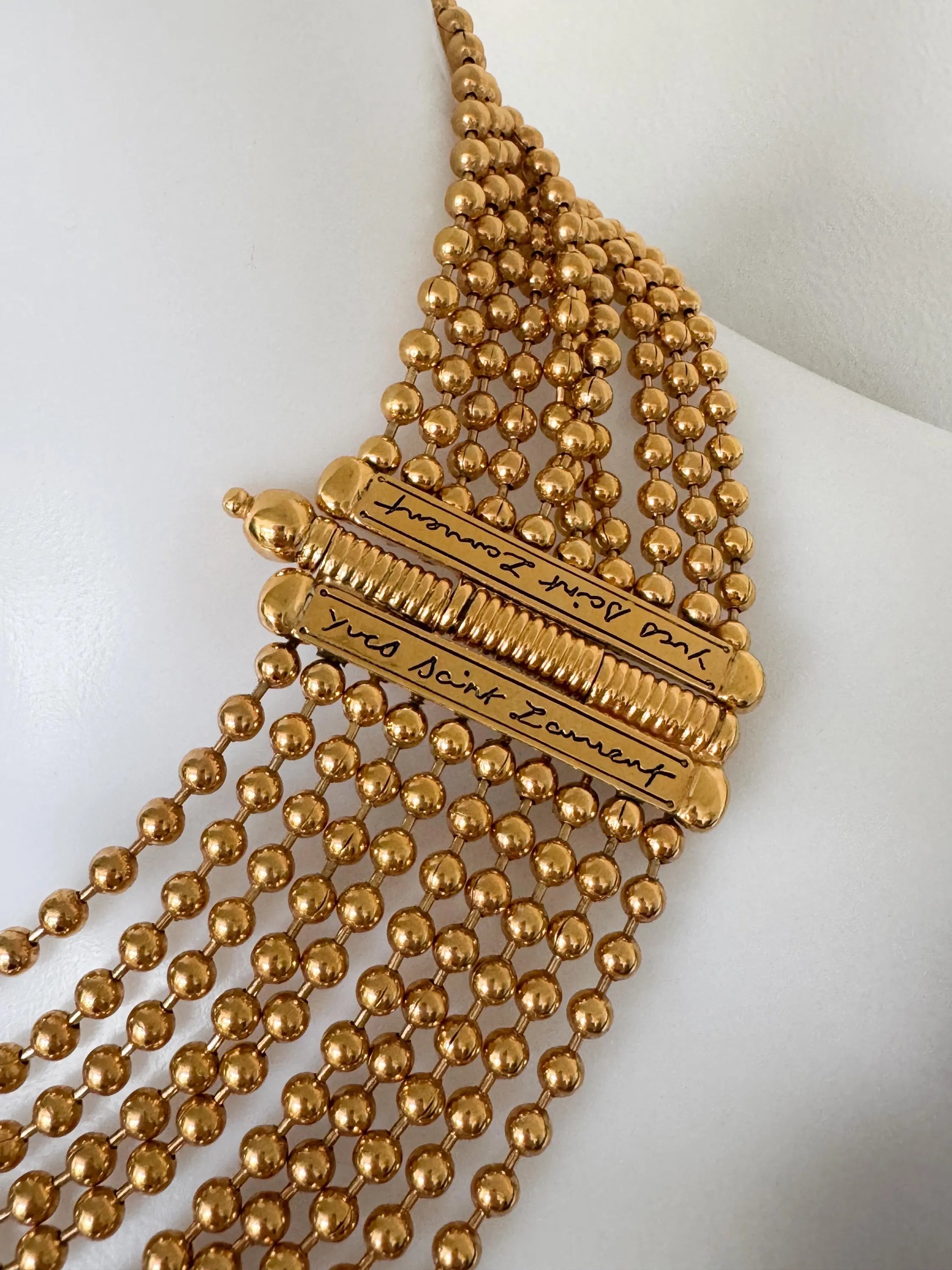 Yves Saint Laurent Vintage Gold Beaded Multi-Strand Choker Necklace – YSL Statement Collar with Signature Bar Clasp – 1980s Designer Jewelry