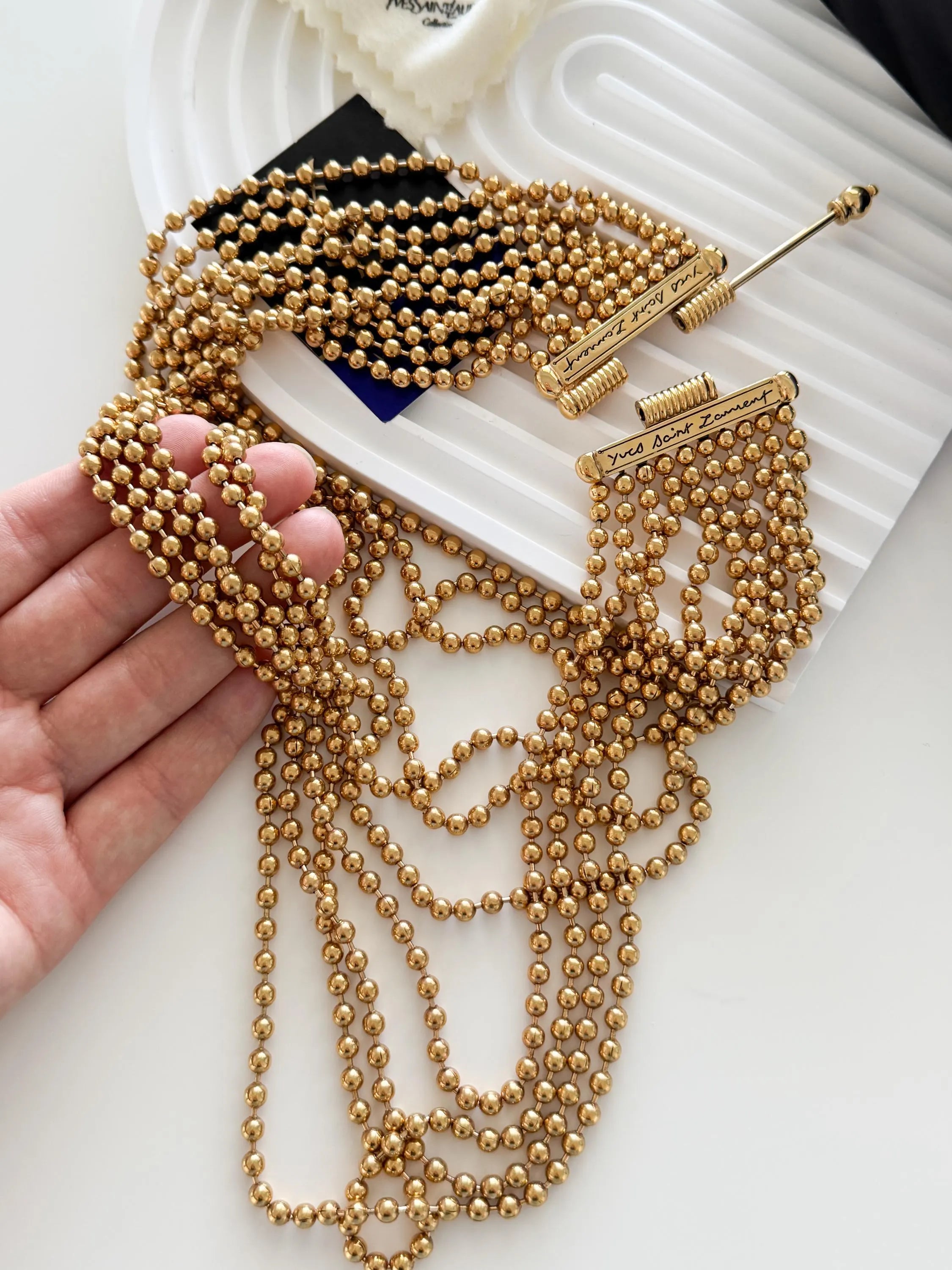Yves Saint Laurent Vintage Gold Beaded Multi-Strand Choker Necklace – YSL Statement Collar with Signature Bar Clasp – 1980s Designer Jewelry