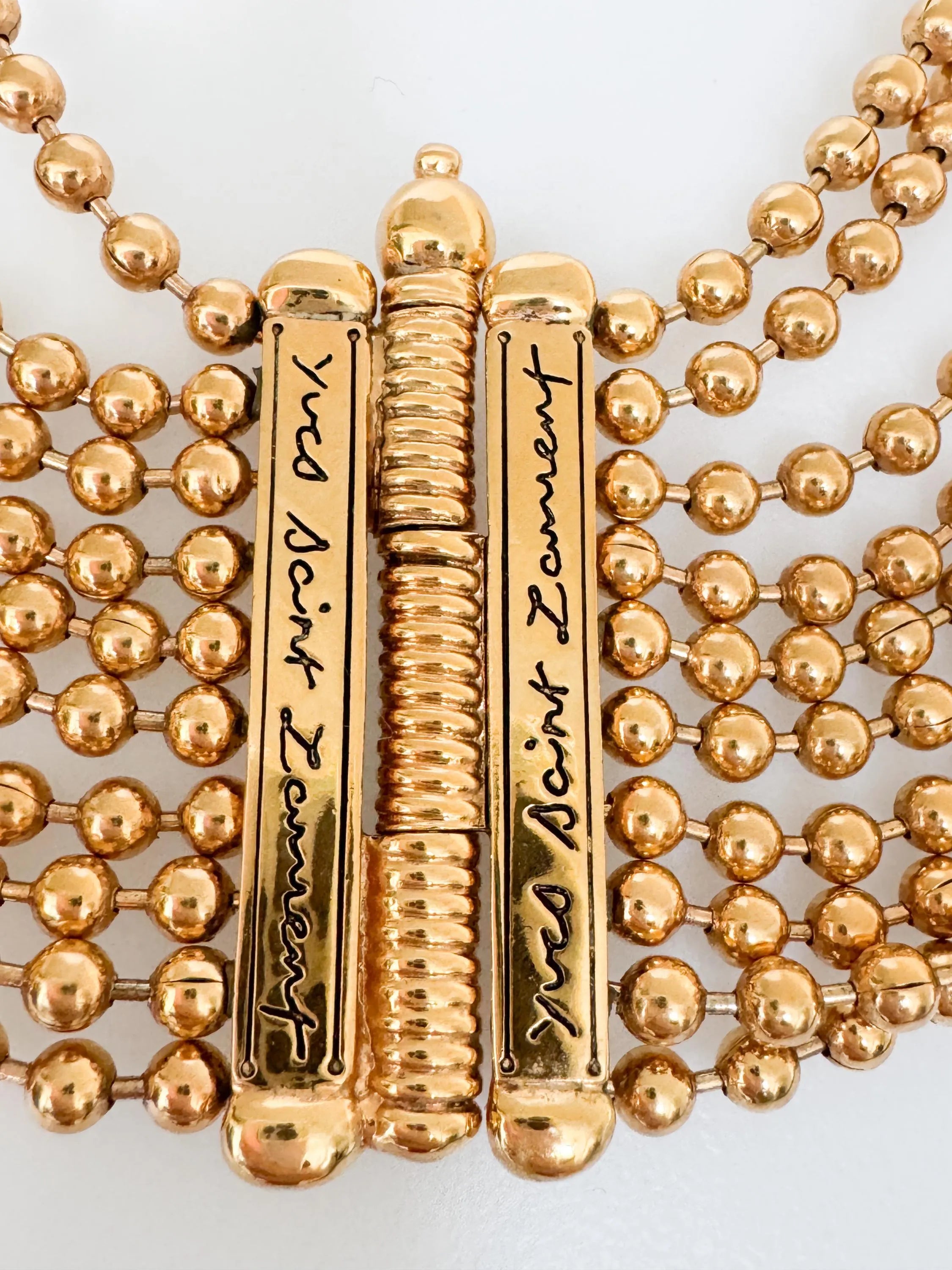 Yves Saint Laurent Vintage Gold Beaded Multi-Strand Choker Necklace – YSL Statement Collar with Signature Bar Clasp – 1980s Designer Jewelry