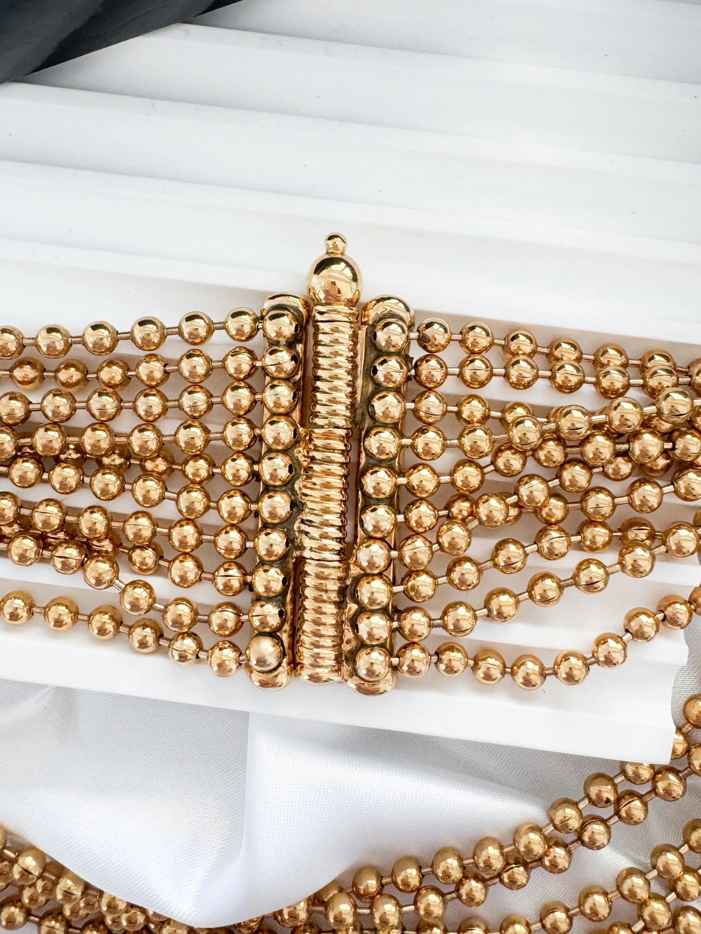 Yves Saint Laurent Vintage Gold Beaded Multi-Strand Choker Necklace – YSL Statement Collar with Signature Bar Clasp – 1980s Designer Jewelry