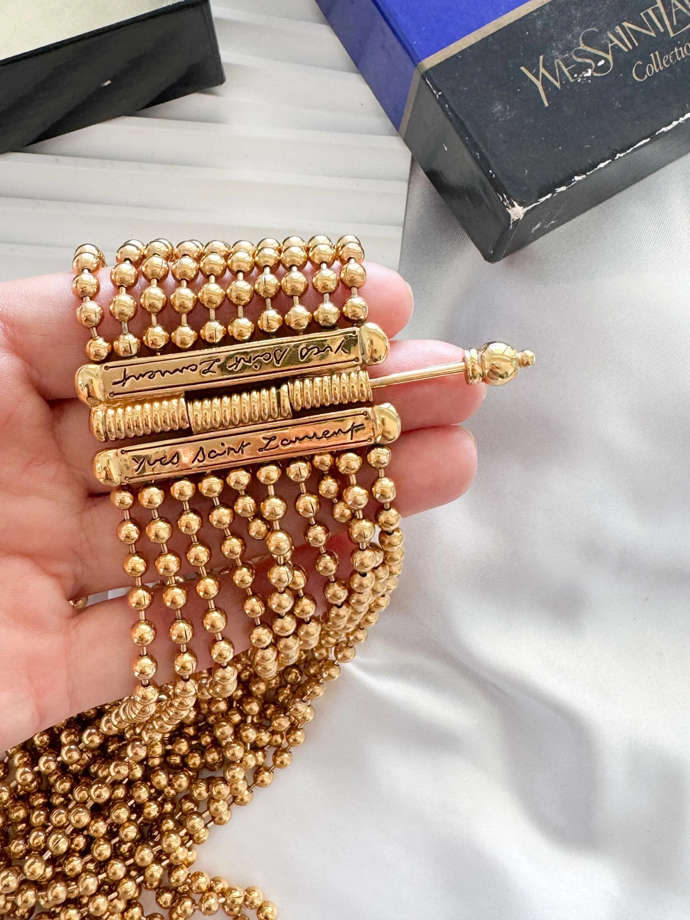 Yves Saint Laurent Vintage Gold Beaded Multi-Strand Choker Necklace – YSL Statement Collar with Signature Bar Clasp – 1980s Designer Jewelry