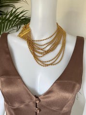 Yves Saint Laurent Vintage Gold Beaded Multi-Strand Choker Necklace – YSL Statement Collar with Signature Bar Clasp – 1980s Designer Jewelry
