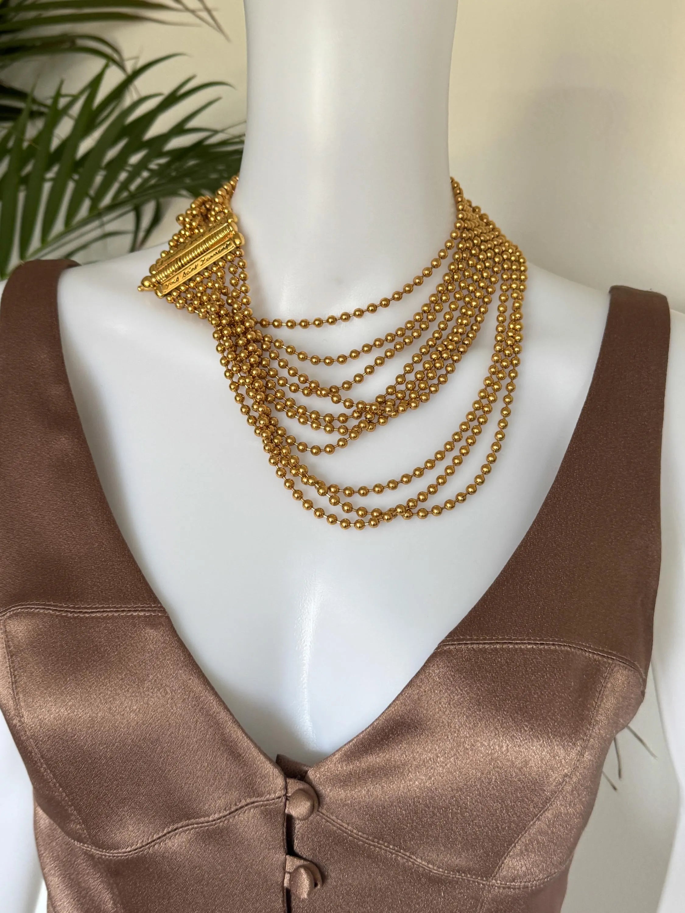 Yves Saint Laurent Vintage Gold Beaded Multi-Strand Choker Necklace – YSL Statement Collar with Signature Bar Clasp – 1980s Designer Jewelry