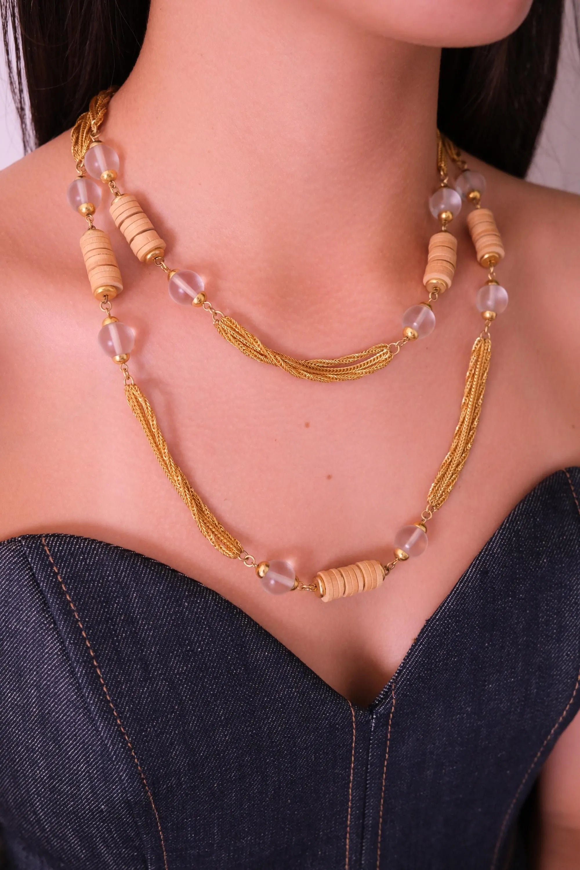 Yves Saint Laurent vintage two-row natural wood and frosted beads necklace, rare YSL designer jewelry, boho collectible piece
