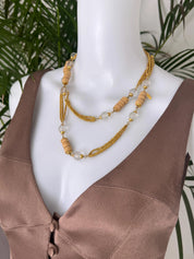 Yves Saint Laurent vintage two-row natural wood and frosted beads necklace, rare YSL designer jewelry, boho collectible piece