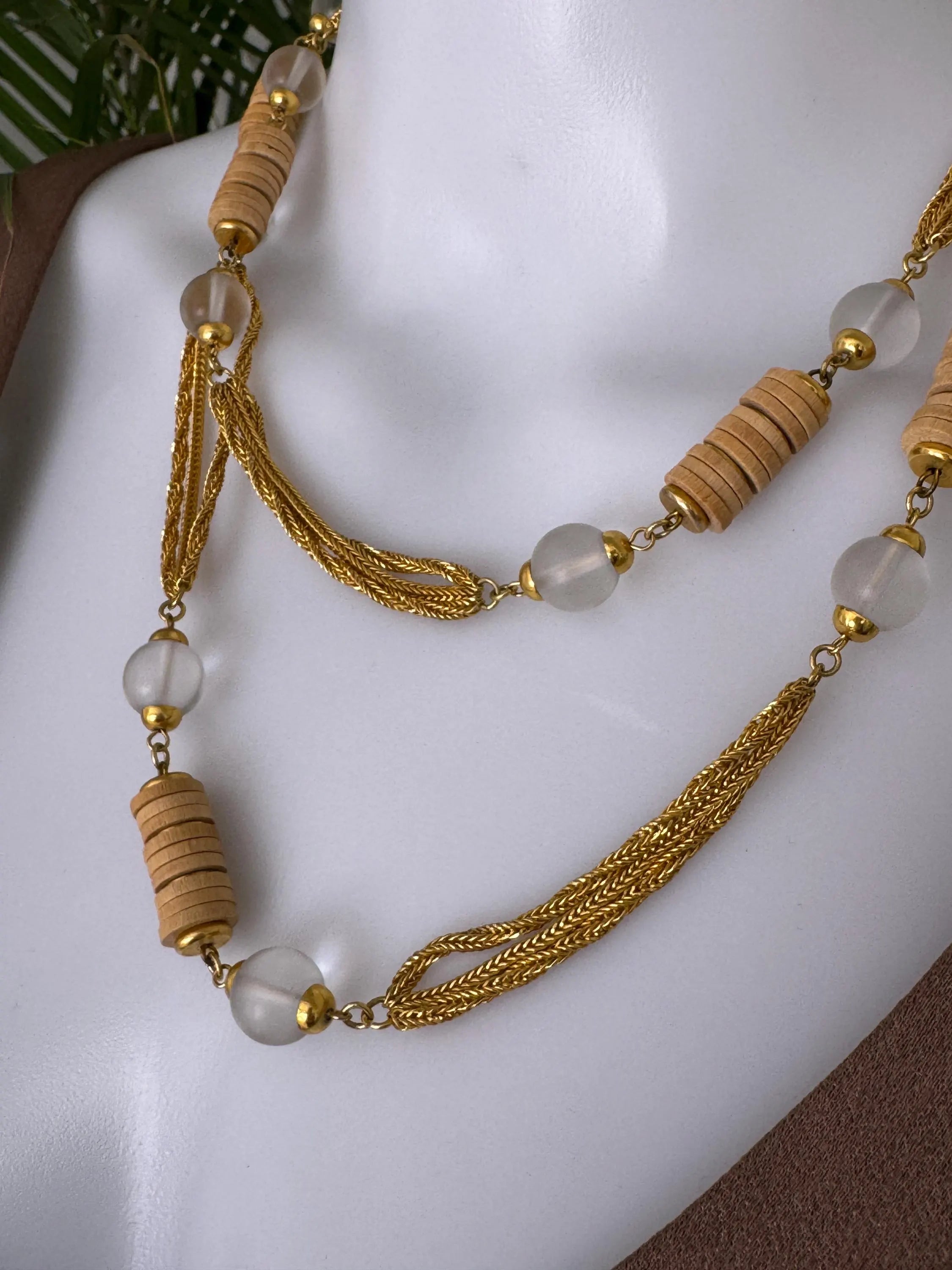 Yves Saint Laurent vintage two-row natural wood and frosted beads necklace, rare YSL designer jewelry, boho collectible piece