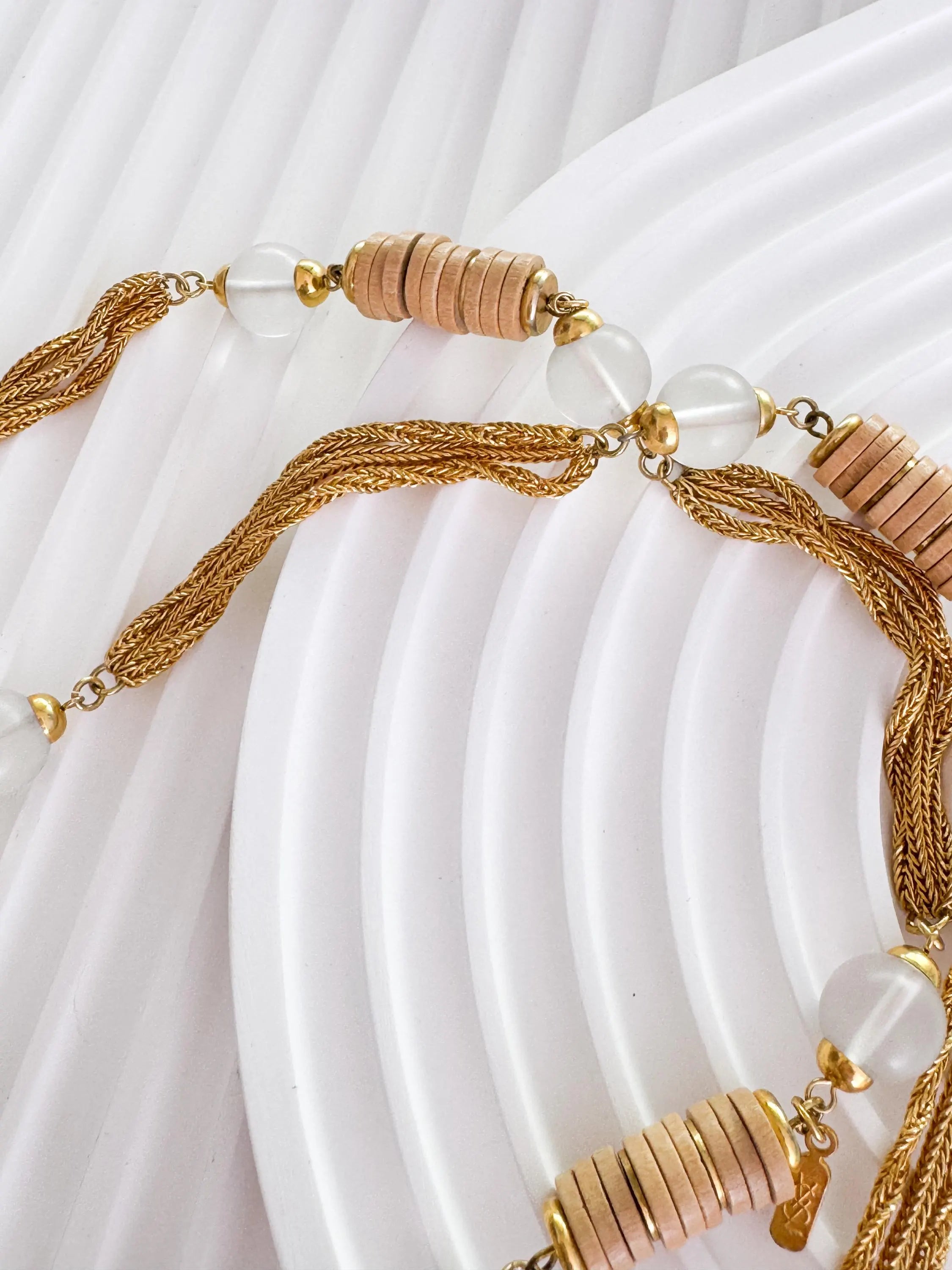 Yves Saint Laurent vintage two-row natural wood and frosted beads necklace, rare YSL designer jewelry, boho collectible piece