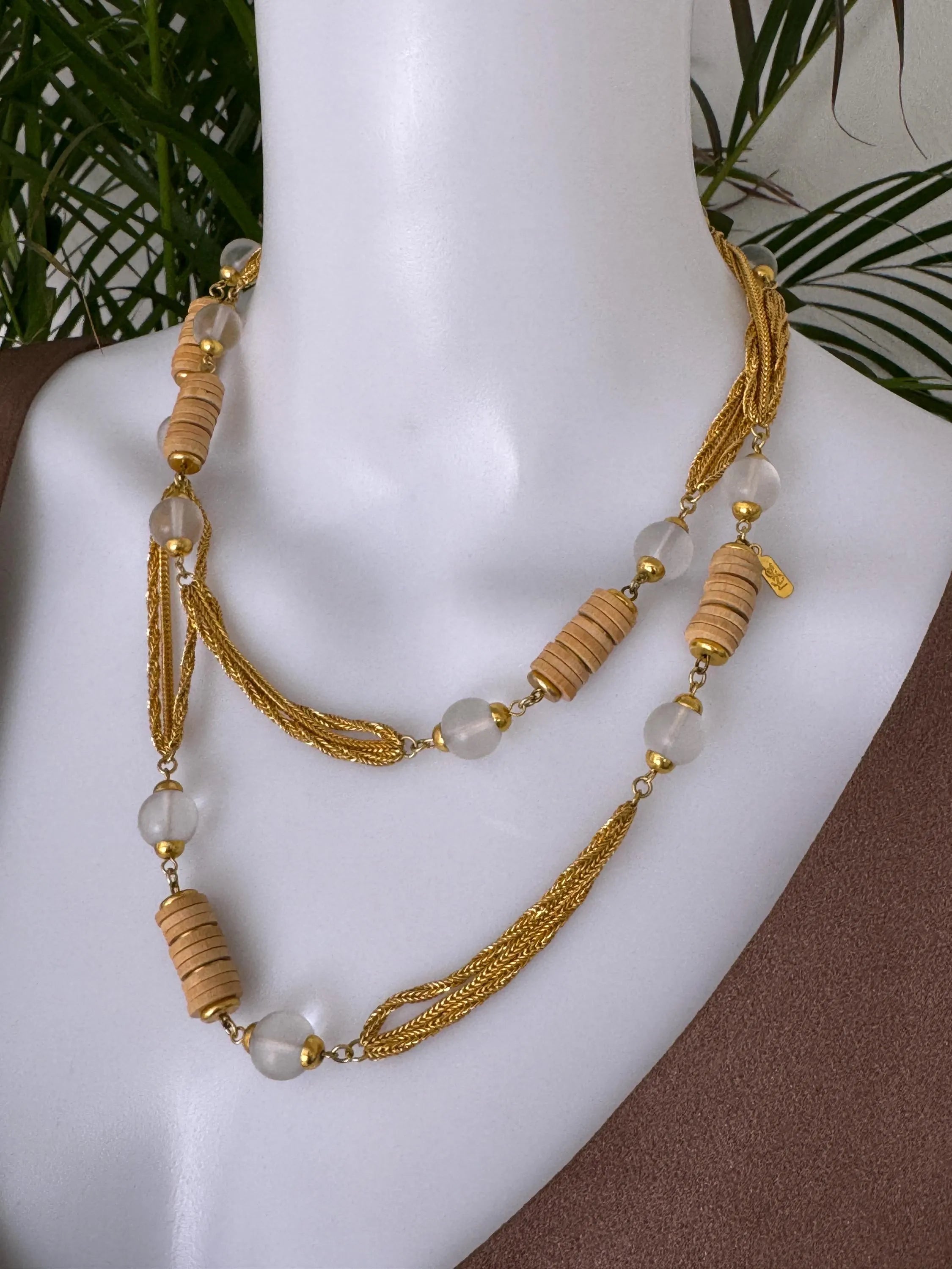 Yves Saint Laurent vintage two-row natural wood and frosted beads necklace, rare YSL designer jewelry, boho collectible piece