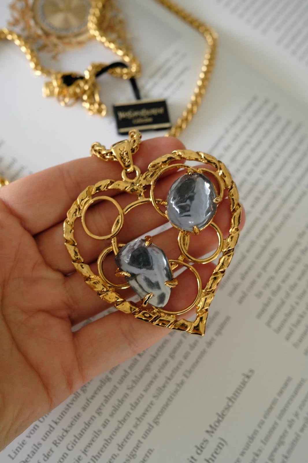 Authentic Yves Saint Laurent Vintage Open Work Heart sapphire blue Nugget Resin Necklace, gift for her, vintage YSL, vintage Robert Goossens