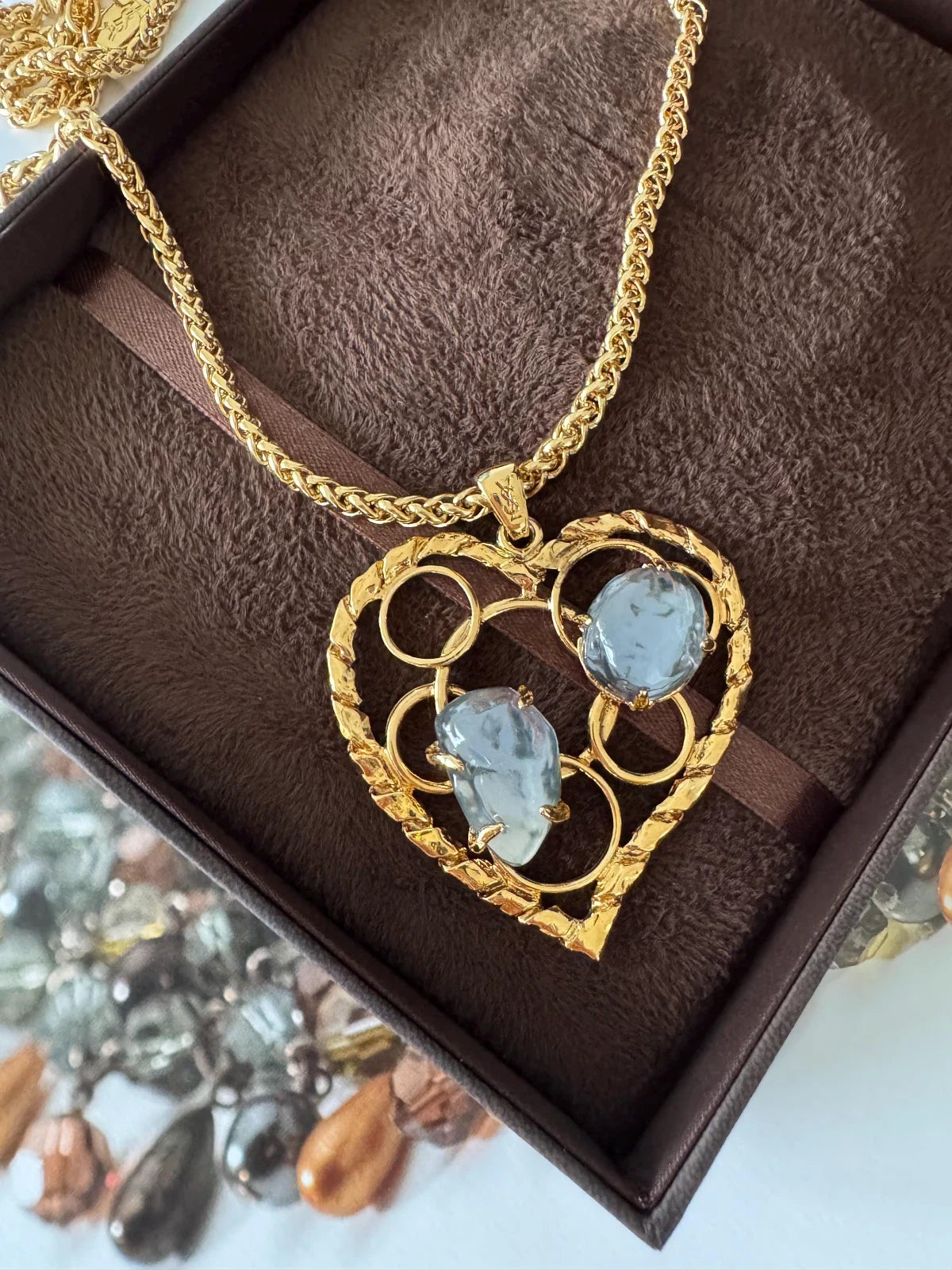 Authentic Yves Saint Laurent Vintage Open Work Heart sapphire blue Nugget Resin Necklace, gift for her, vintage YSL, vintage Robert Goossens