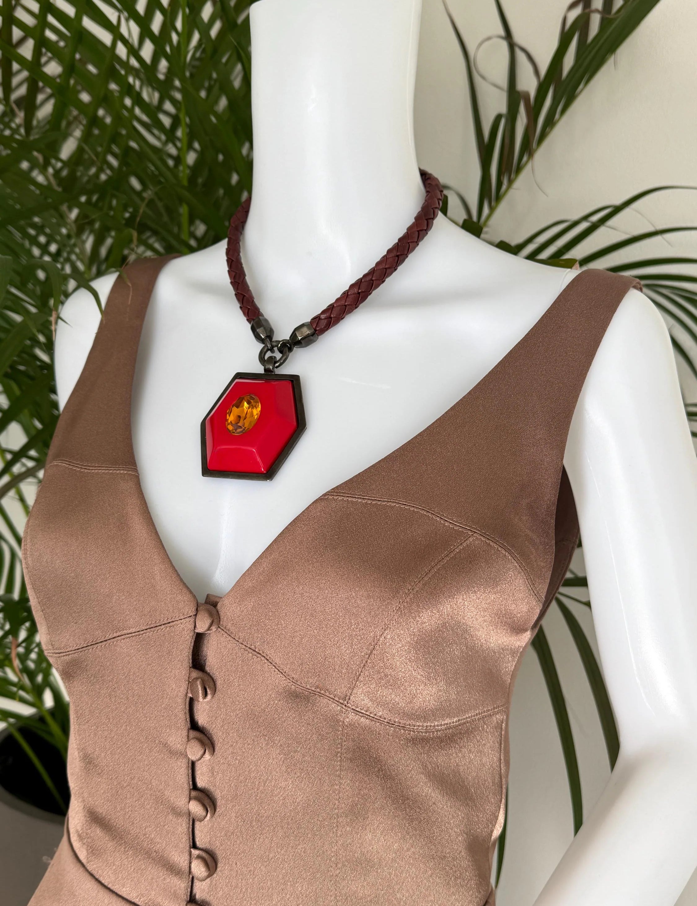 Vintage Yves Saint Laurent YSL Gold Choker Necklace with Large Red Pendant and Brown Leather Cord, designer vintage jewelry, collectible statement necklace