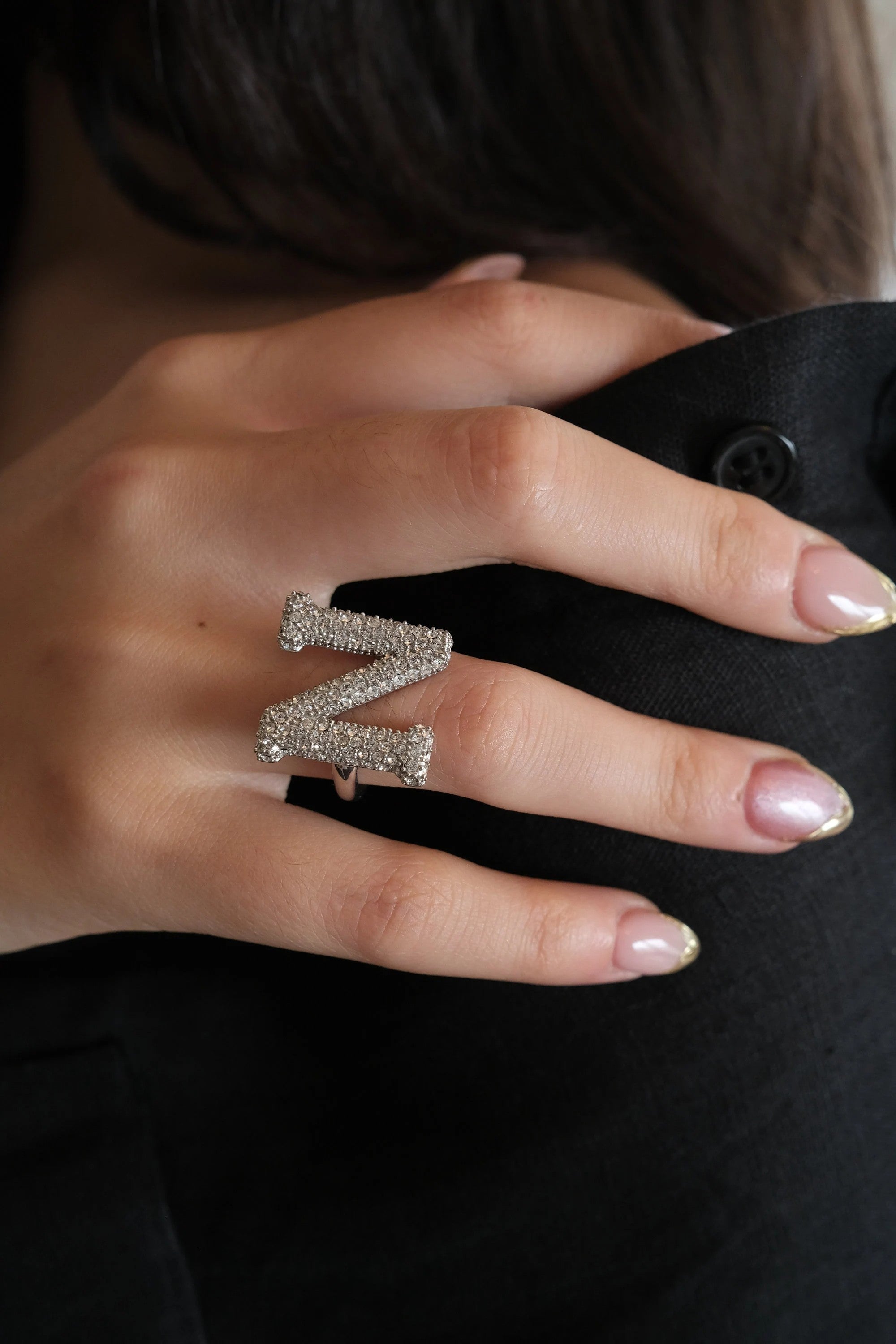 Alphabet Ring Initial N Swarovski Crystals Free Size Sterling