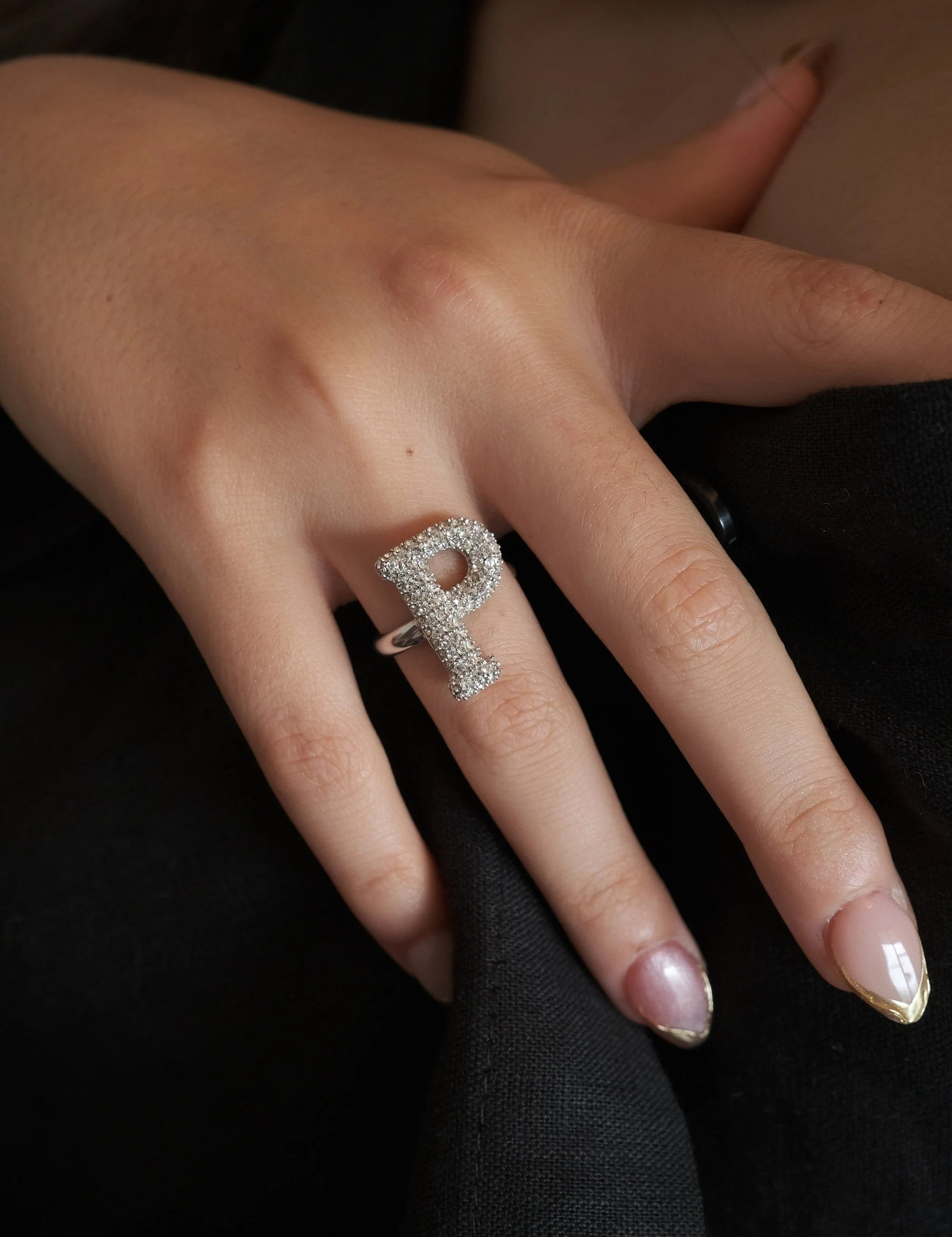 Alphabet Ring P, Initial Ring, Bridesmaid Ring, Swarovski Ring, Free Size, Sterling Silver Rings for Women, Bridal Ring, Monogram Jewelry