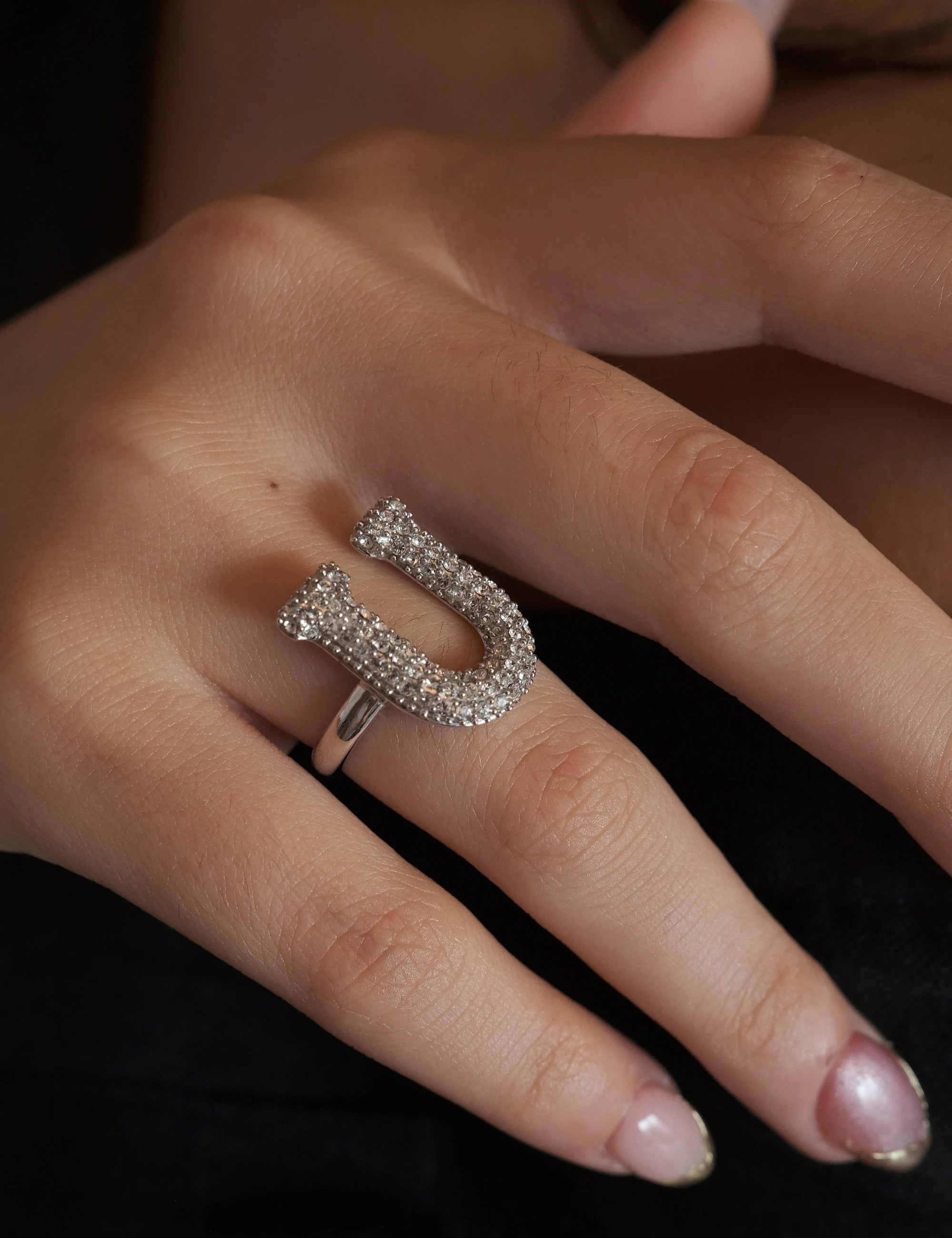 Alphabet Ring U, Initial Ring, Bridesmaid Ring, Swarovski Ring, Free Size, Sterling Silver Rings for Women, Bridal Ring, Monogram Jewelry