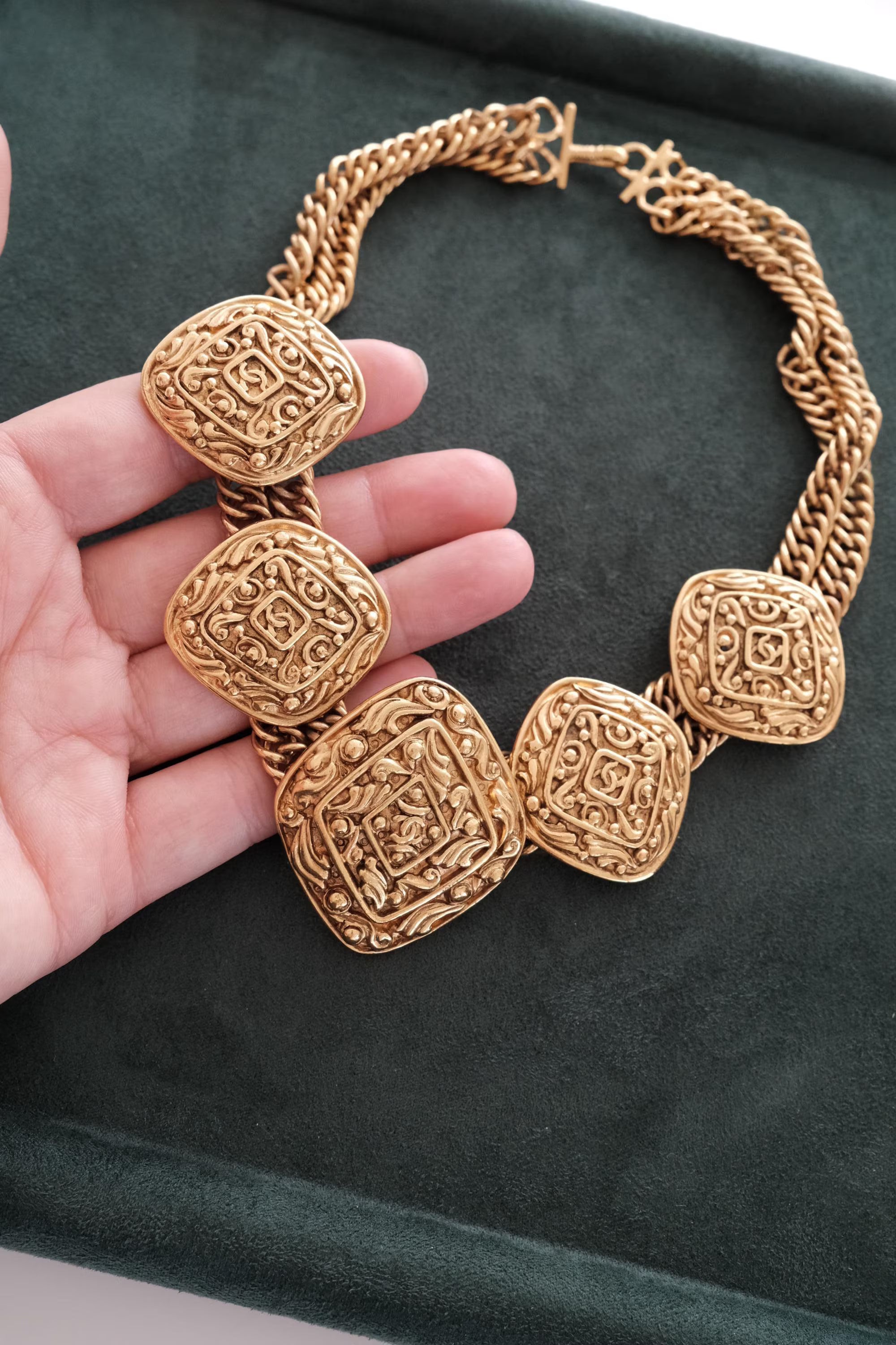 Authentic Chanel 1990–1991 Paris sautoir CC medallion necklace gold tone Made in France