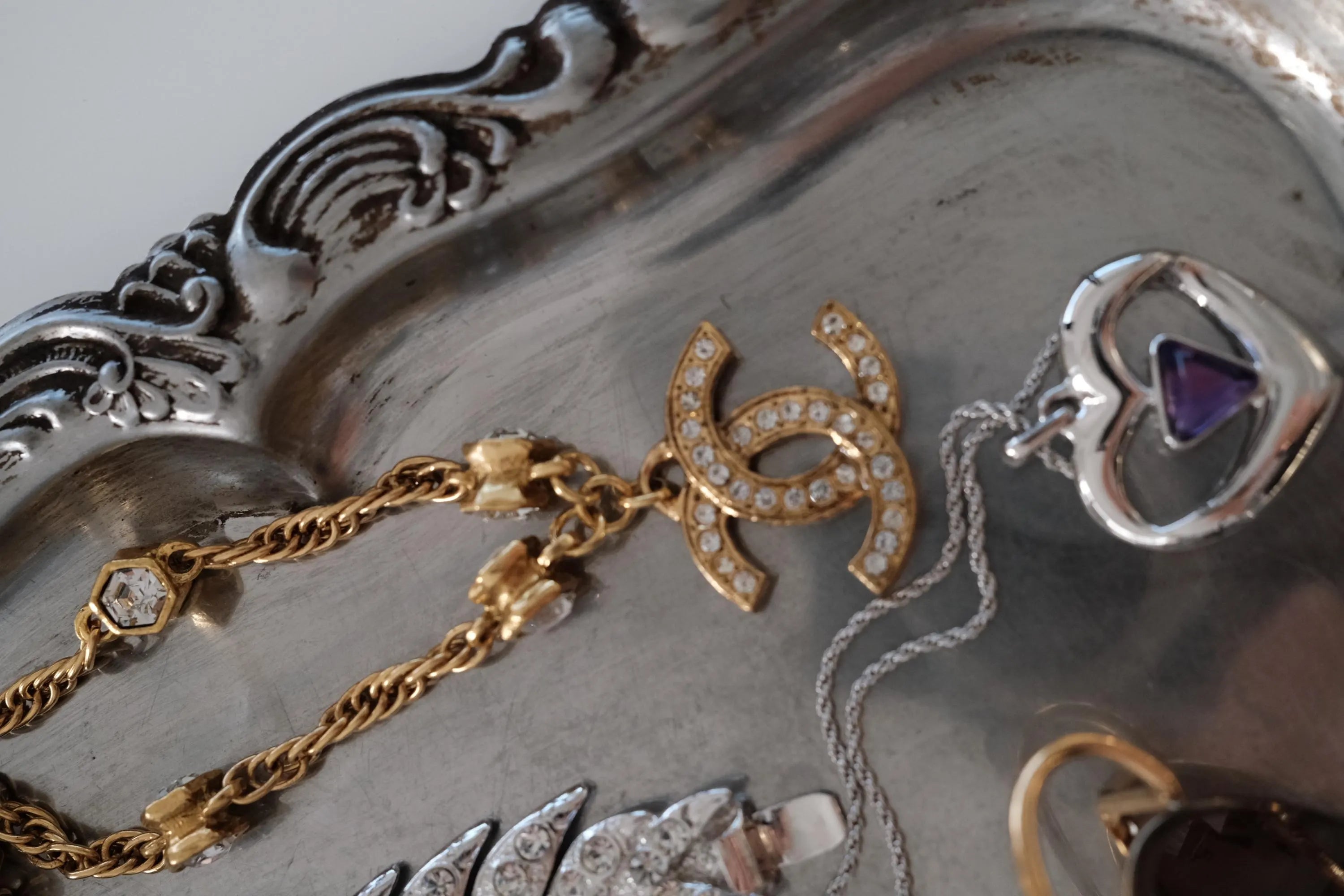 Vintage Chanel gold plated CC logo pendant necklace with crystal from 1990s