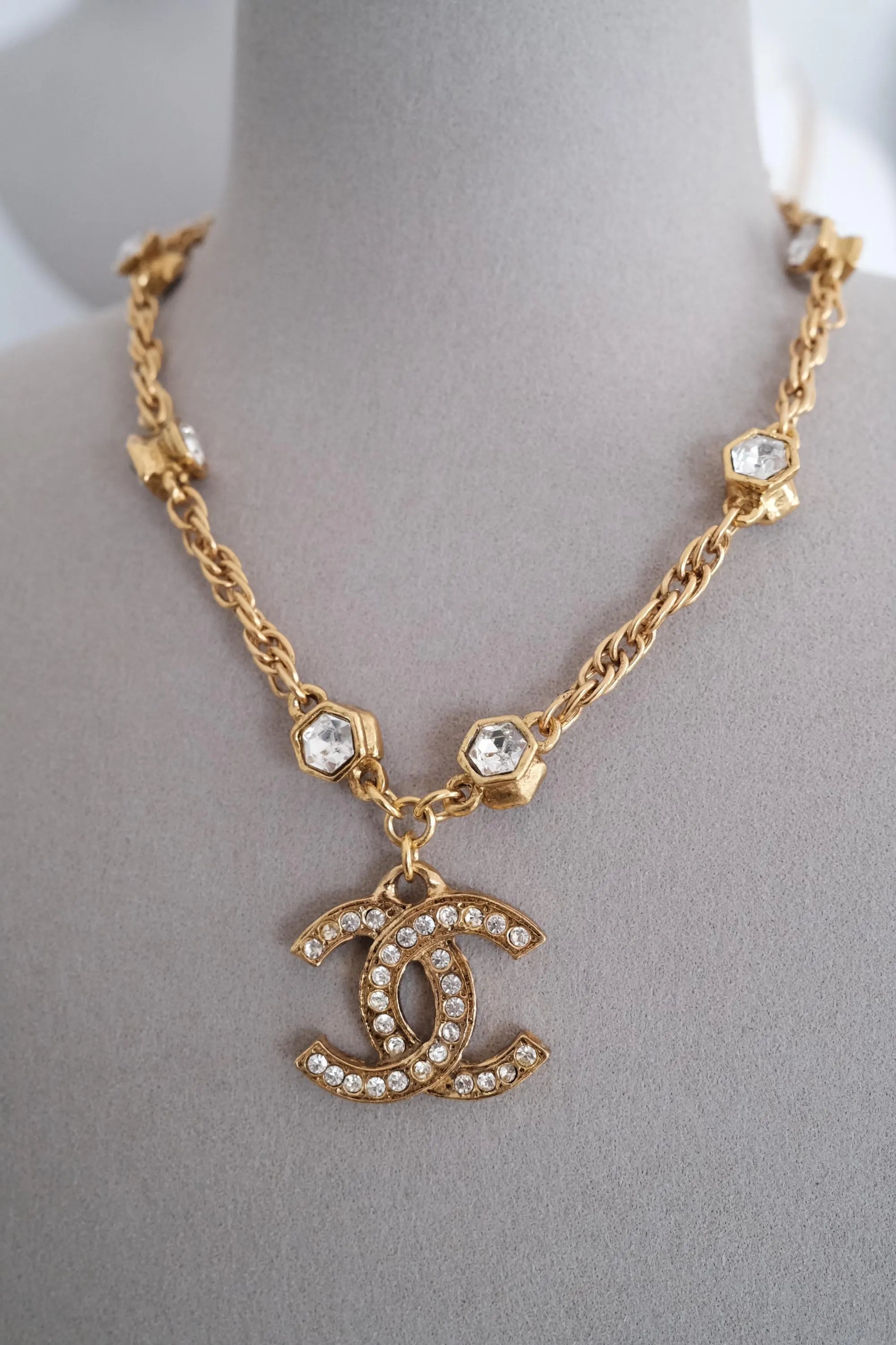 Vintage Chanel gold plated CC logo pendant necklace with crystal from 1990s