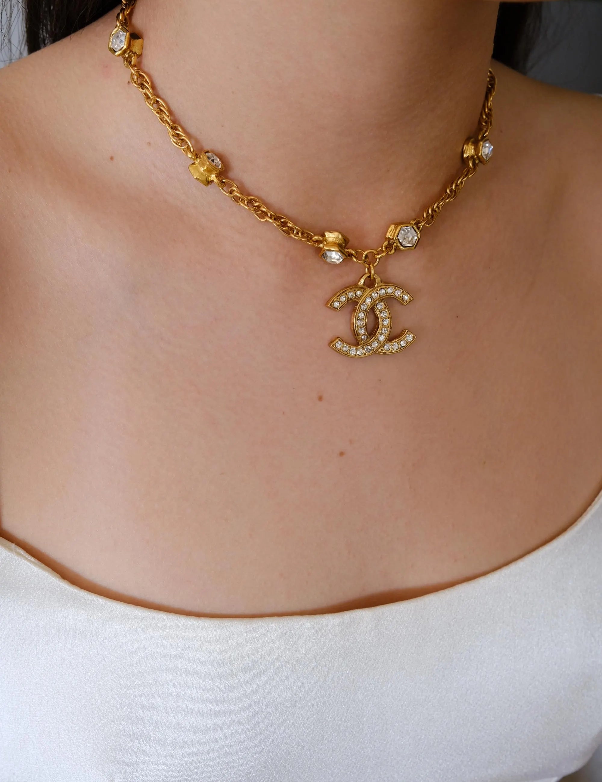 Vintage Chanel 1990s gold plated CC pendant necklace with crystal Made in France