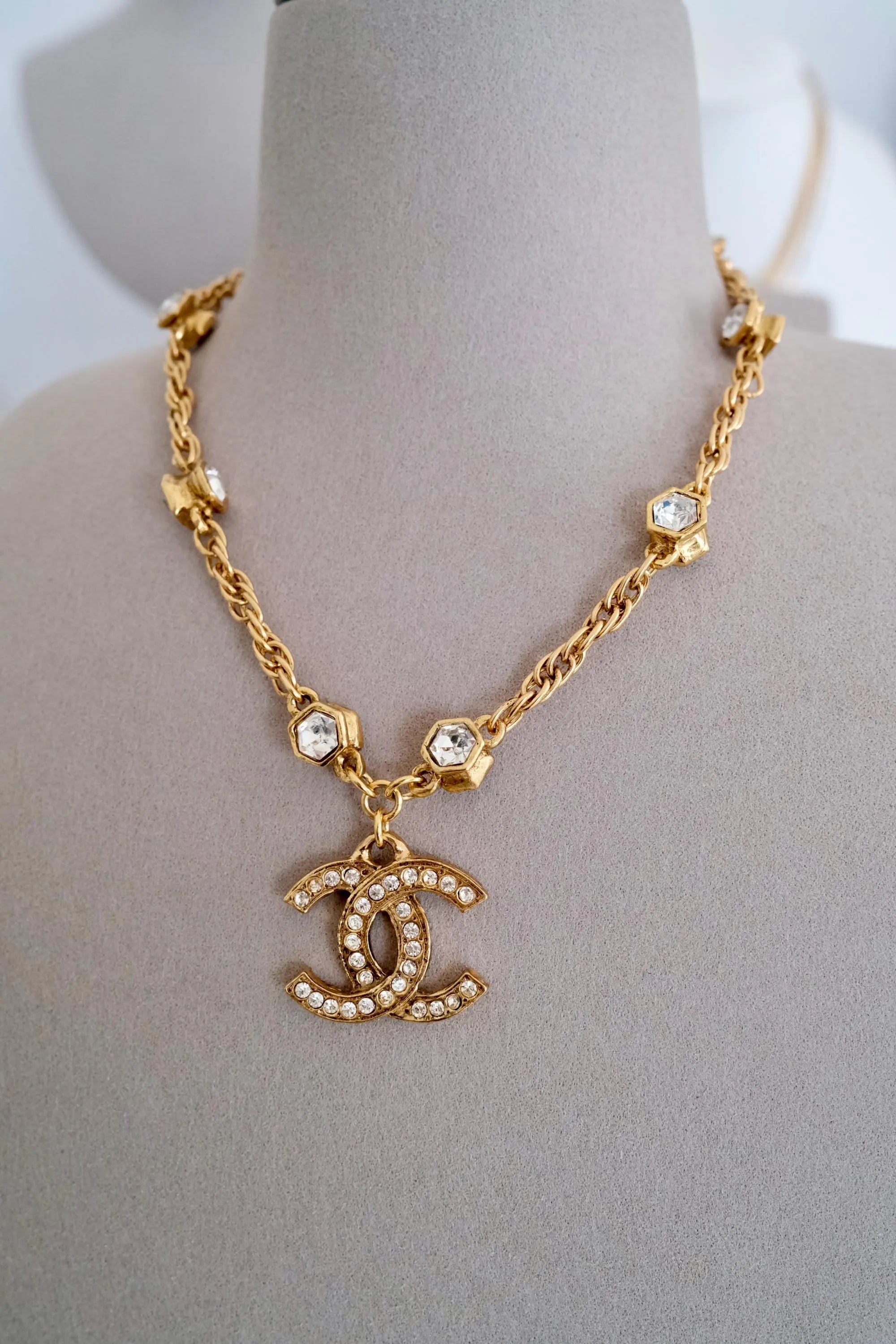Vintage Chanel gold plated CC logo pendant necklace with crystal from 1990s