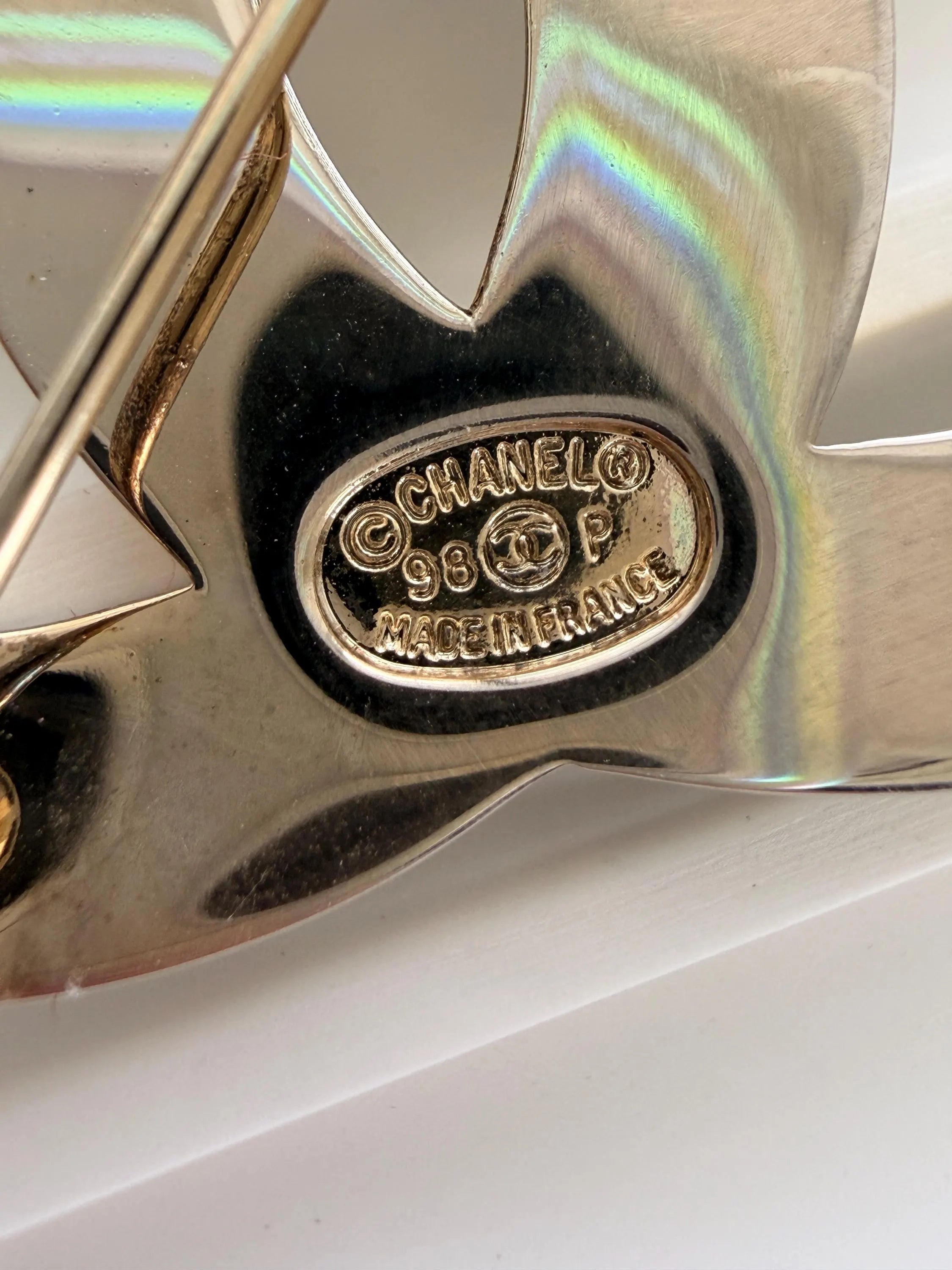 Signed Chanel 98P Made in France on authentic vintage CC brooch