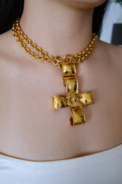 Vintage Chanel 1994 CC cross pendant necklace gold plated Made in France