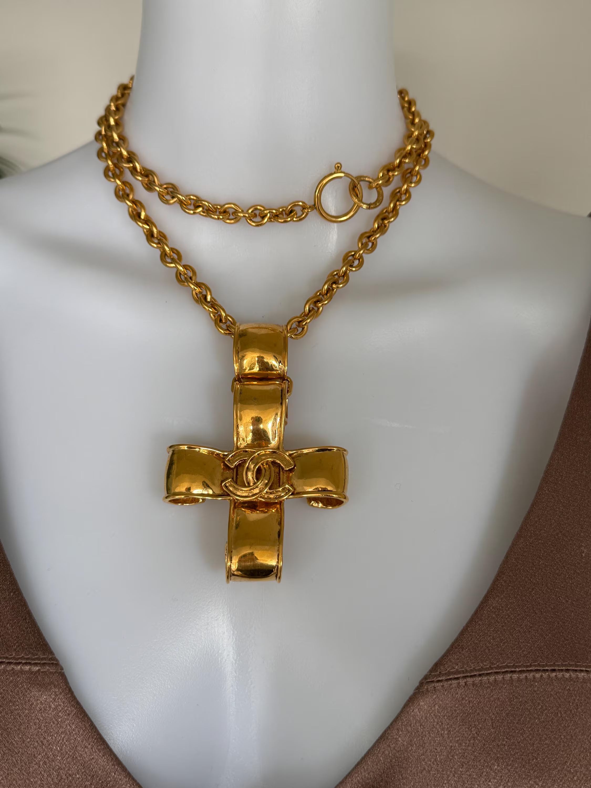 Vintage Chanel CC cross pendant necklace gold plated from 1994 Spring Collection
