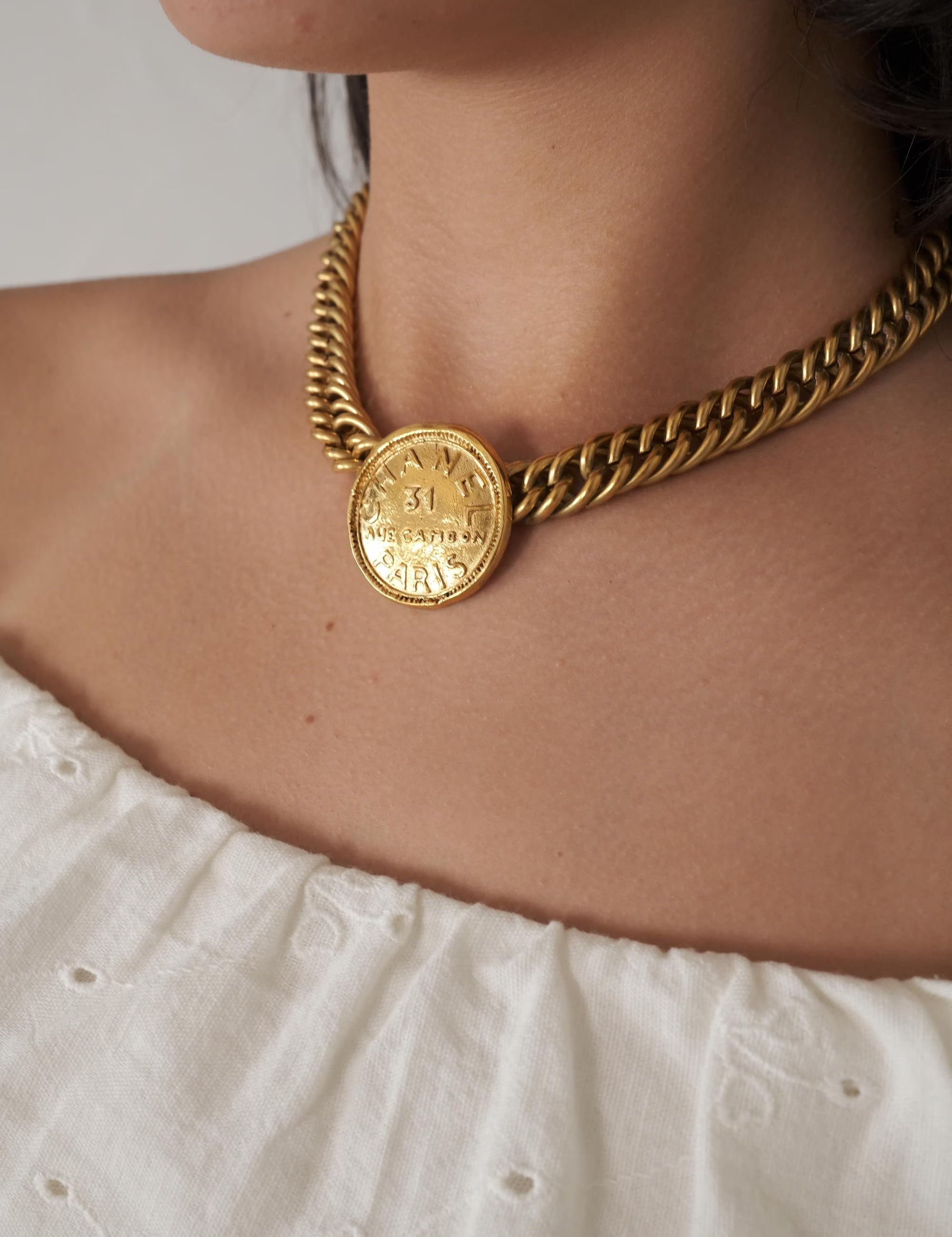 Vintage Chanel Necklace, Choker Necklace, Gold Tone Necklace, Made in France, Gold Coin Necklace, Medallion Necklace, Chanel Stamp necklace