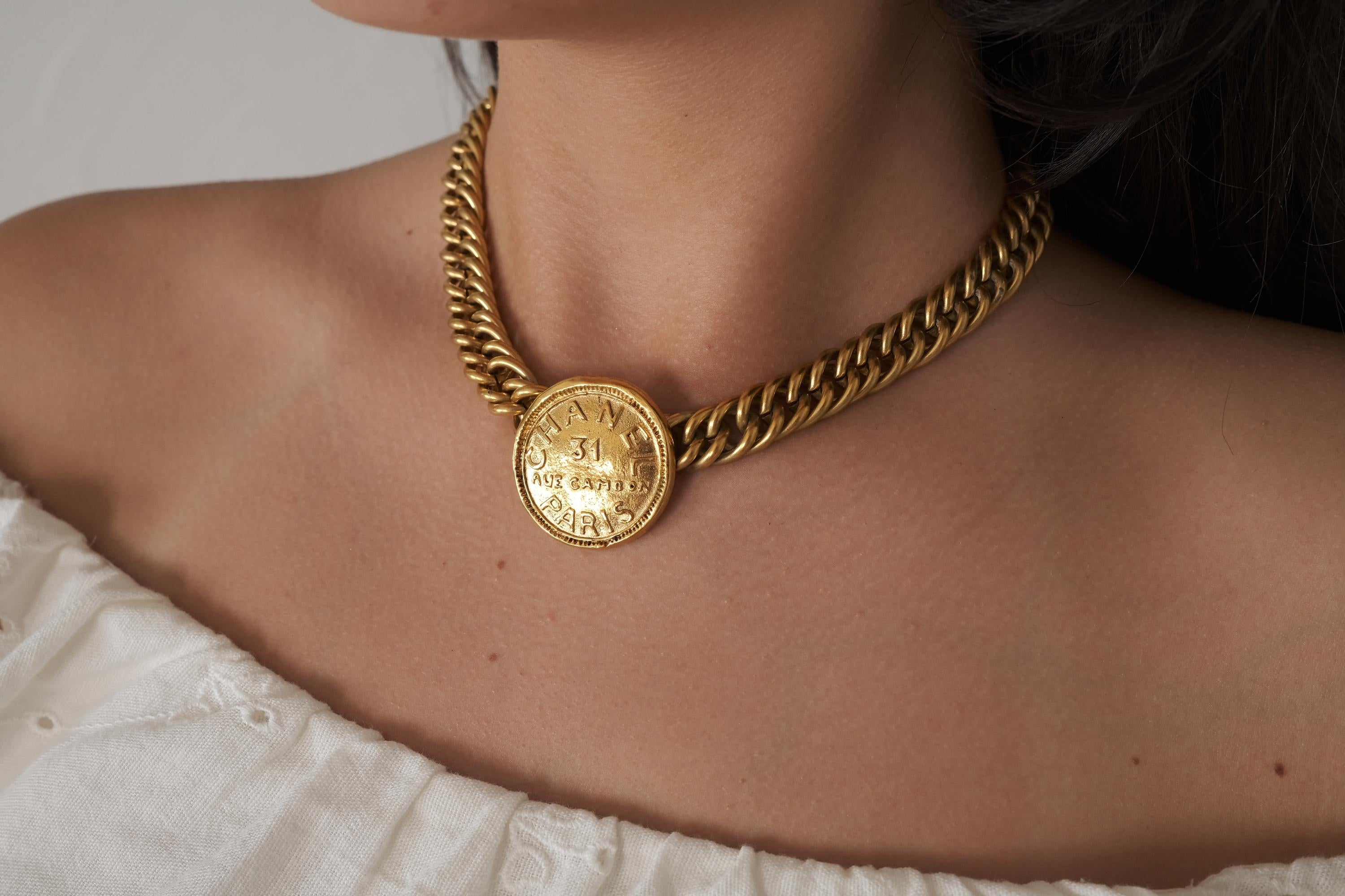 Vintage Chanel Necklace, Choker Necklace, Gold Tone Necklace, Made in France, Gold Coin Necklace, Medallion Necklace, Chanel Stamp necklace