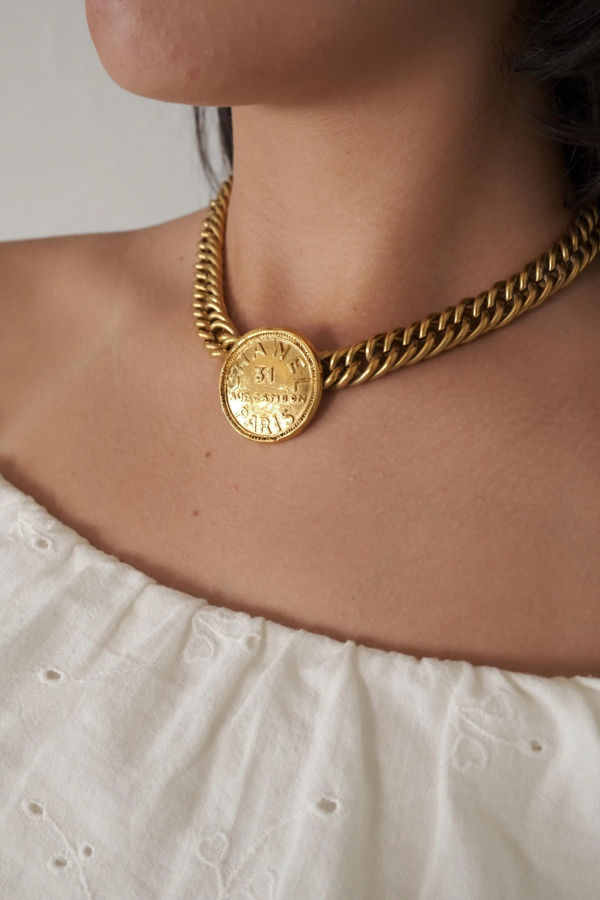 Vintage Chanel Medallion Choker Necklace, Gold Plated, Made in France