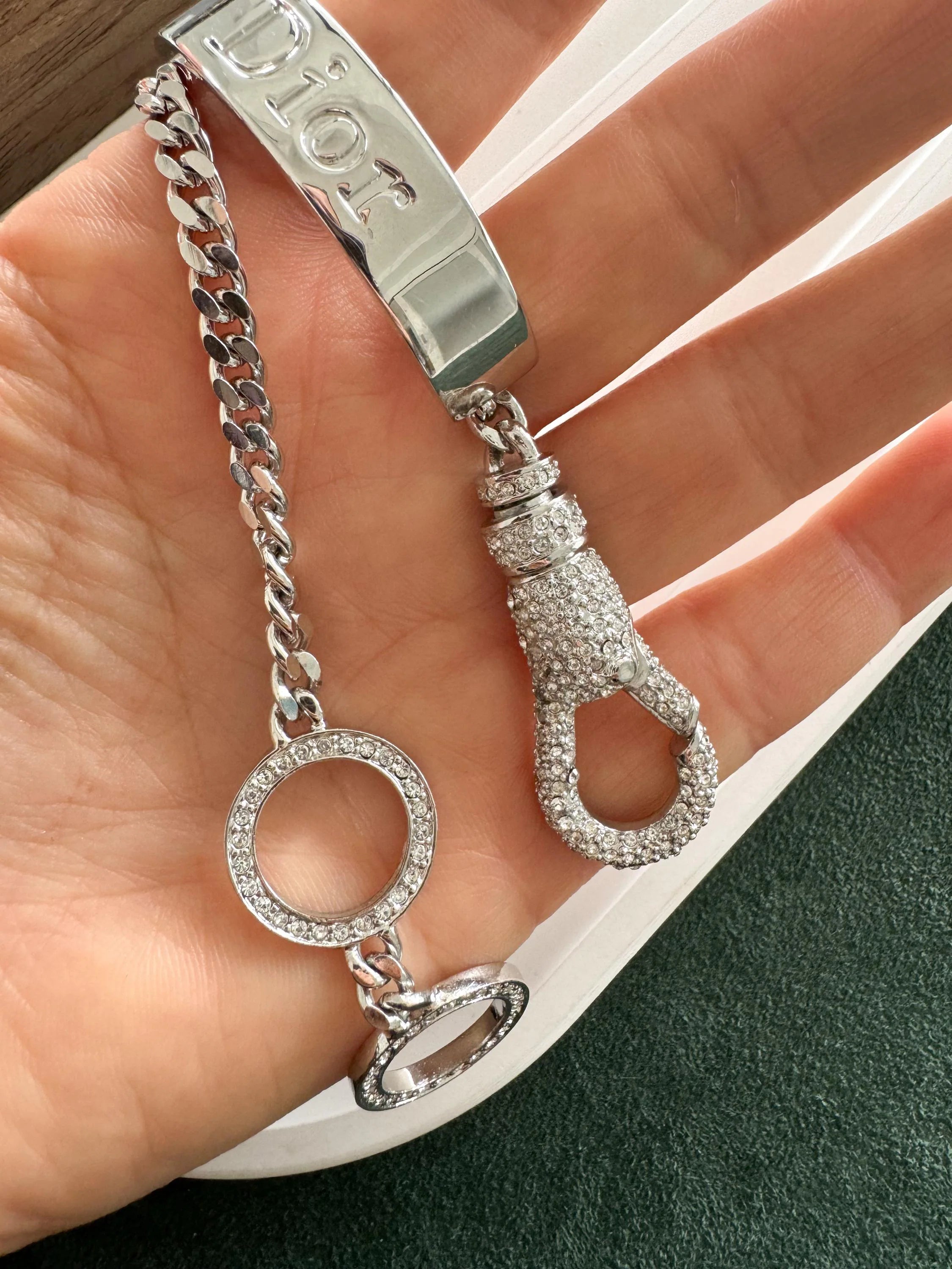 Vintage Christian Dior silver tone rhinestone charm bracelet elegant designer jewelry
