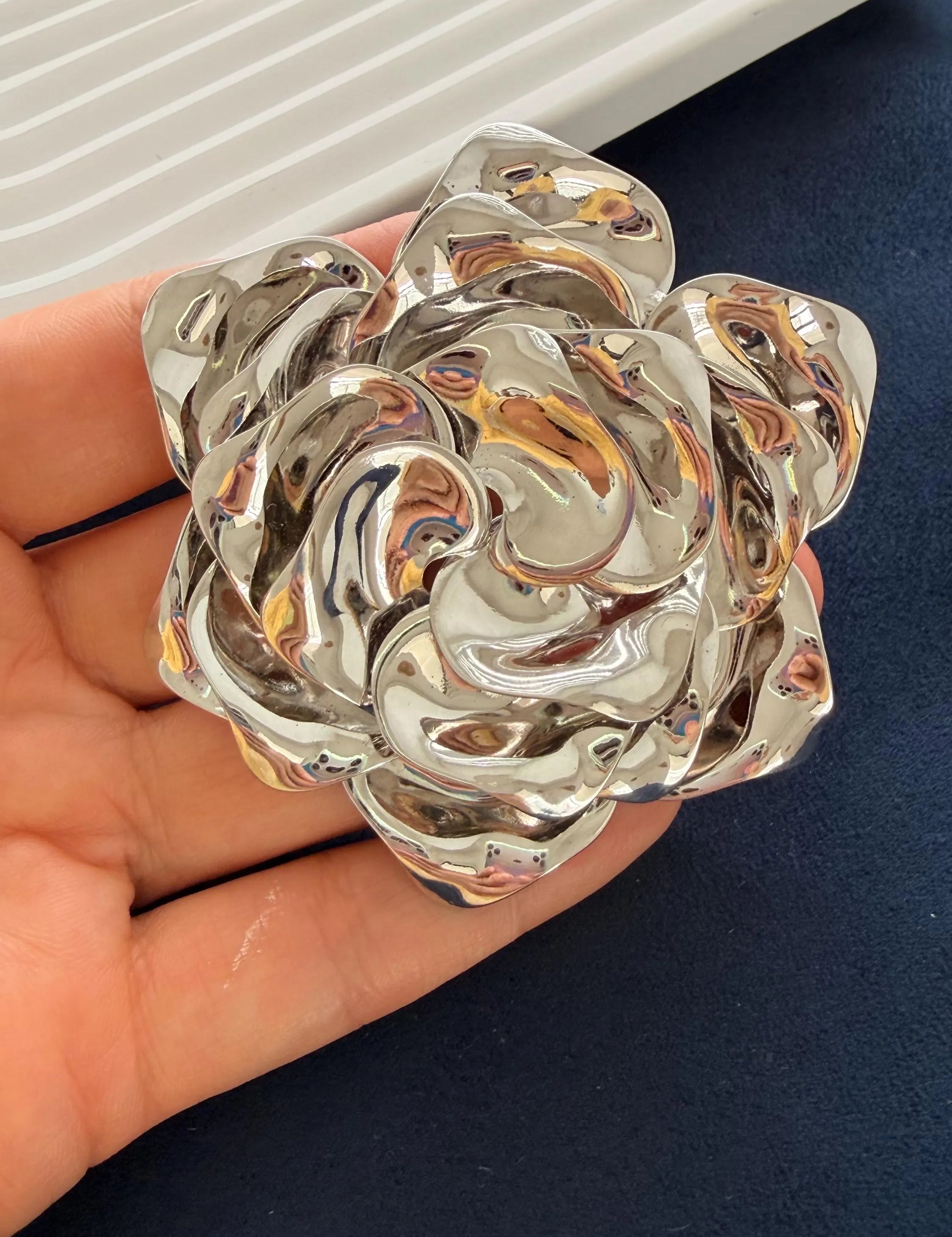 Authentic Vintage Christian Dior rose brooch silver tone sculptural design signed Germany