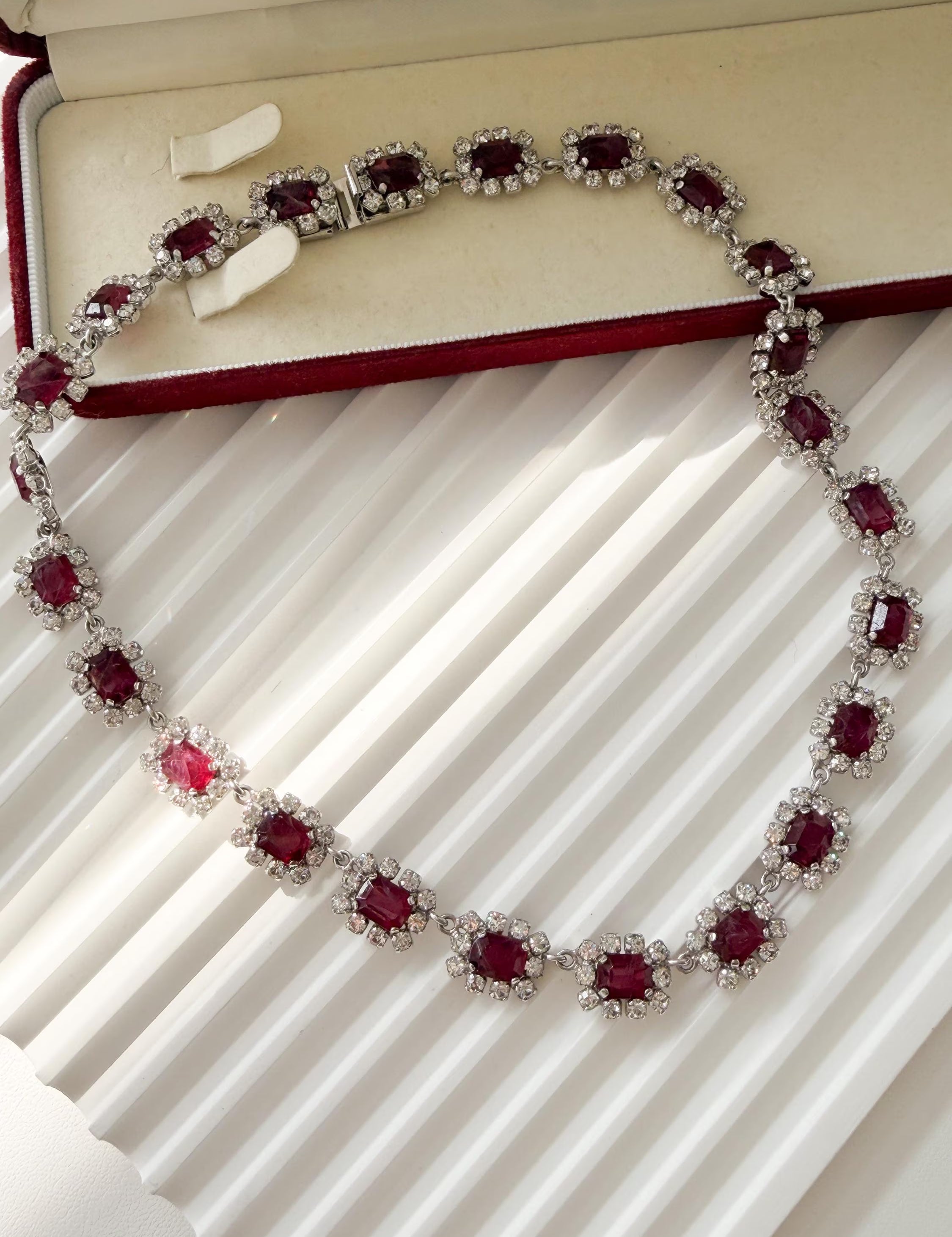 Authentic Vintage Christian Dior ruby crystal necklace silver tone rhinestone signed Germany