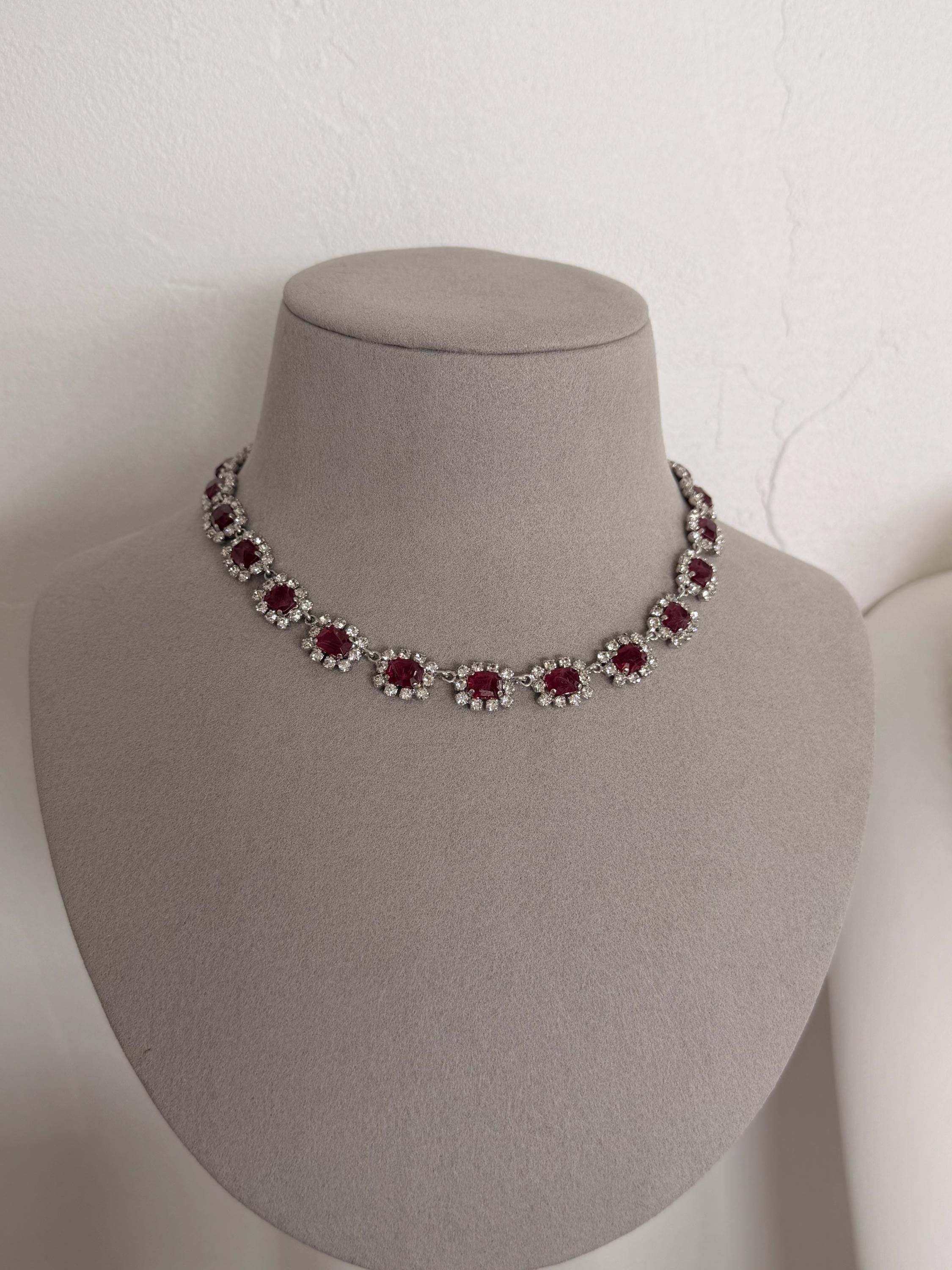 Vintage Dior ruby crystal necklace worn as timeless elegant statement jewelry