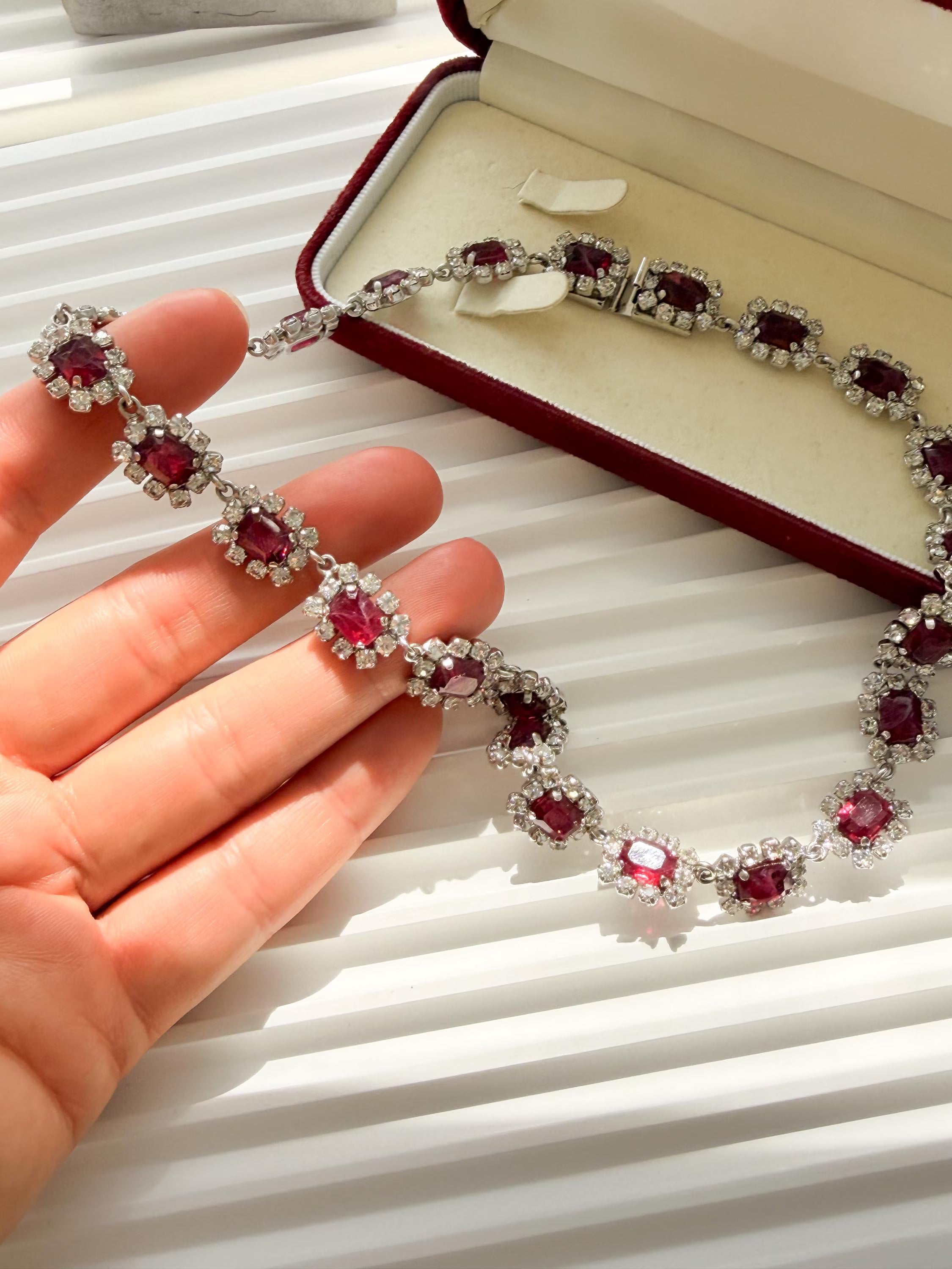 Authentic Vintage Christian Dior ruby crystal necklace silver tone rhinestone signed Germany