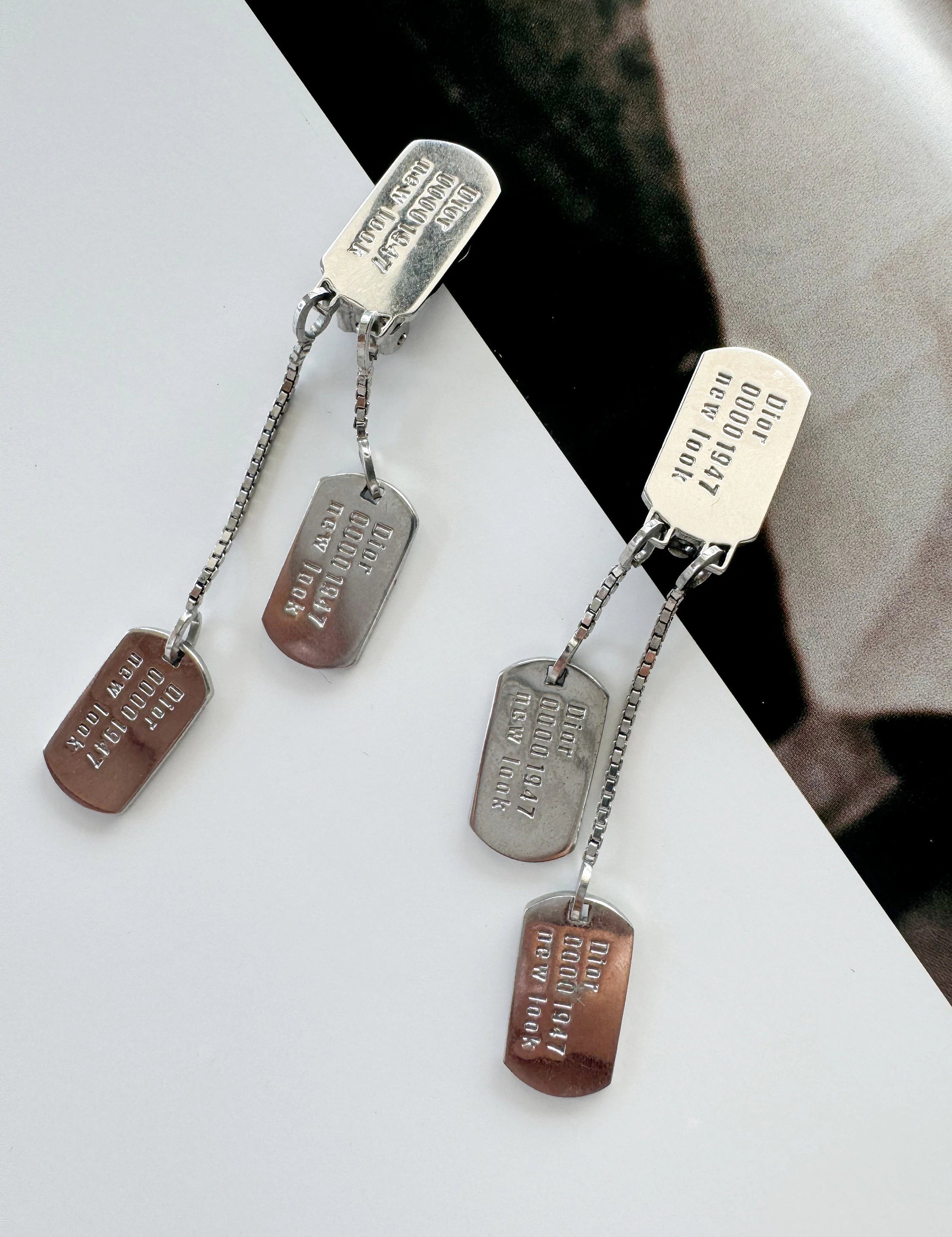 Vintage Christian Dior Earrings silver tone John Galliano collection New Look 2000s , ID tag  earrings , collectible Dior earrings