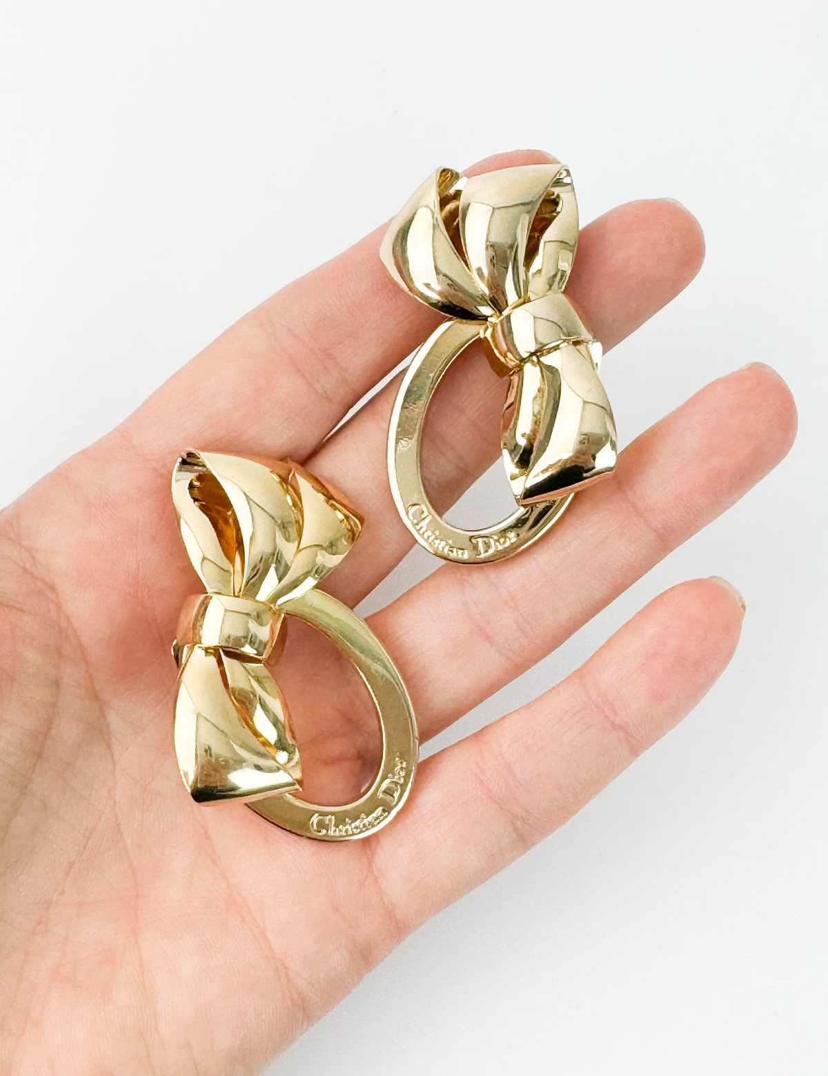 Vintage Christian Dior Earrings, Dior Ribbon logo Earrings, large Earrings Gold, Dior clip on Earrings, classic large Dior earrings Bow