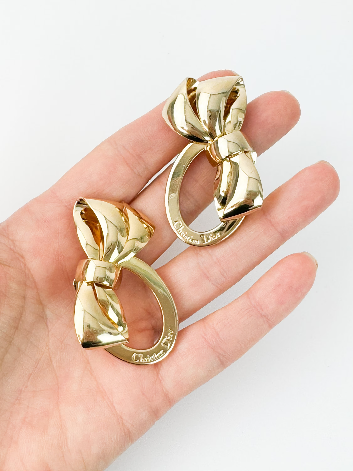 Vintage Christian Dior Earrings, Dior Ribbon logo Earrings, large Earrings Gold, Dior clip on Earrings, classic large Dior earrings Bow