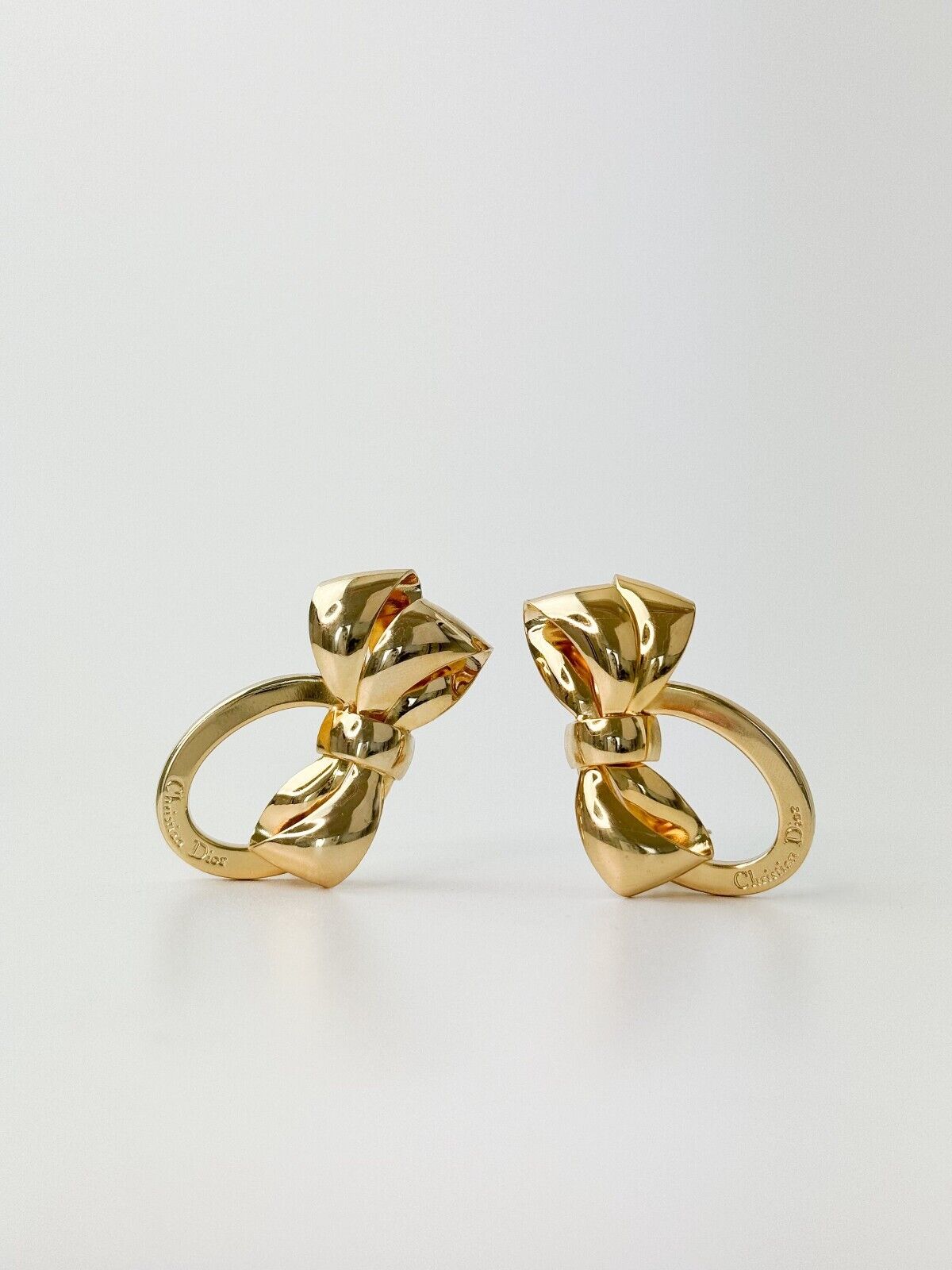 Vintage Christian Dior Earrings, Dior Ribbon logo Earrings, large Earrings Gold, Dior clip on Earrings, classic large Dior earrings Bow