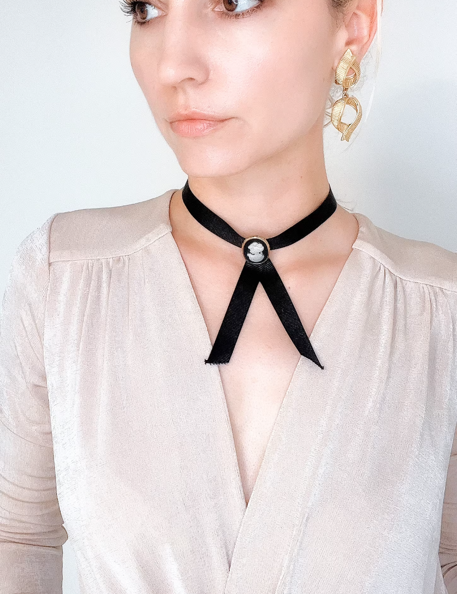 Vintage Christian Dior Choker Black Tone,  Dior Cameo Necklace, Necklace ribbon Bow, Gift for her, Best Friend Gift, Modern Bridal Necklace