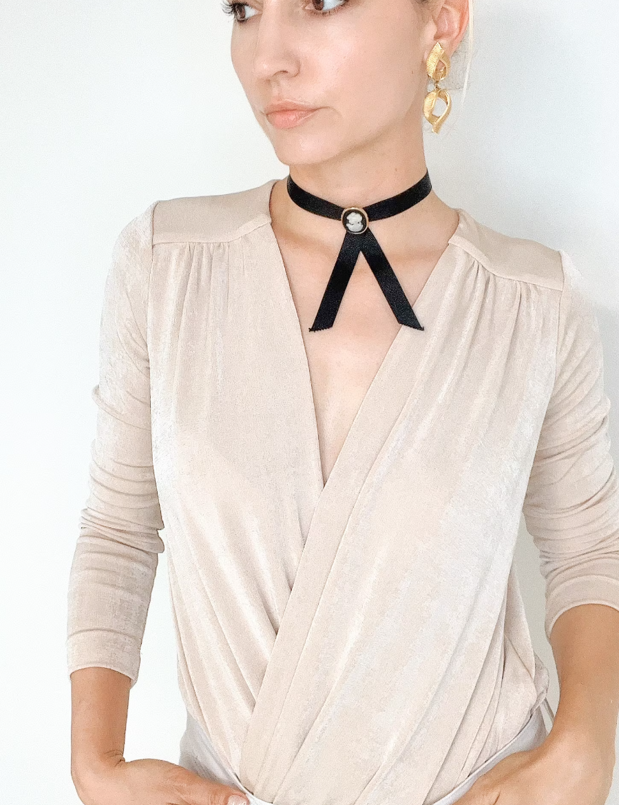 Vintage Christian Dior Choker Black Tone,  Dior Cameo Necklace, Necklace ribbon Bow, Gift for her, Best Friend Gift, Modern Bridal Necklace