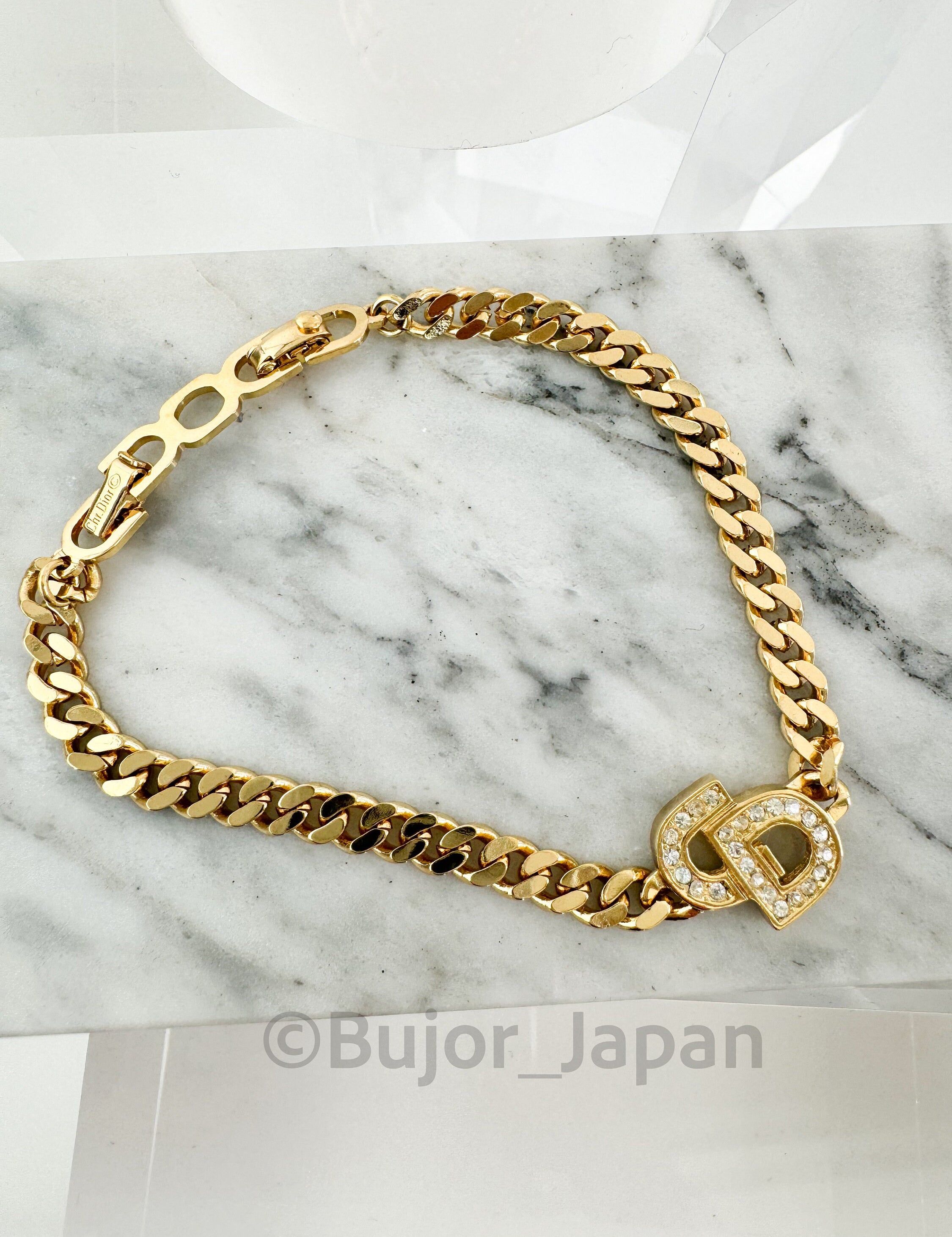 Vintage Christian Dior Bracelet, Gold Tone Bracelet, Chain Bracelet, Charm Bracelet, CD Logo Bracelet, Vintage Rhinestone, Vintage Bracelet